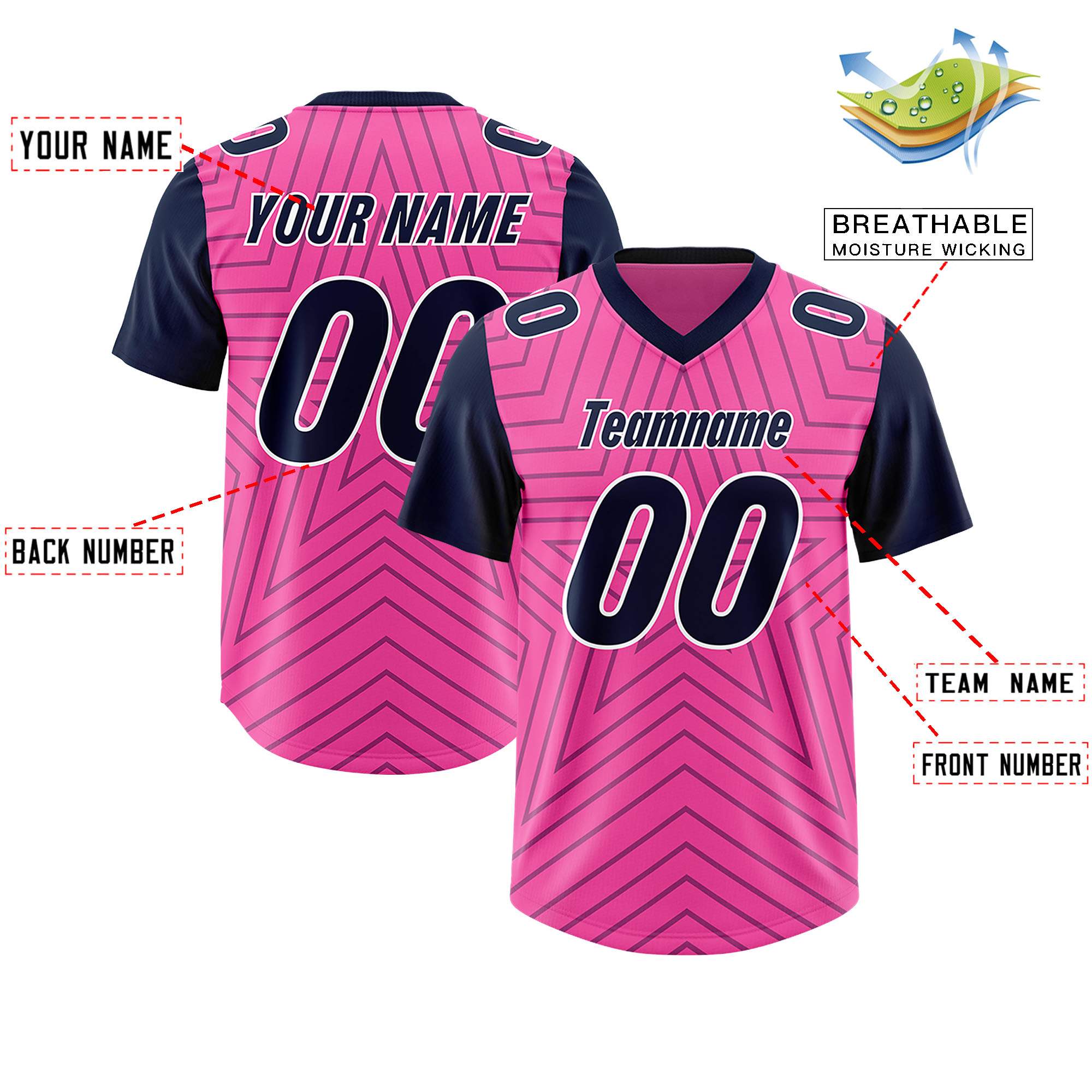 Custom Pink Navy Personalized Star Pattern Raglan Sleeves Authentic American Football Jersey
