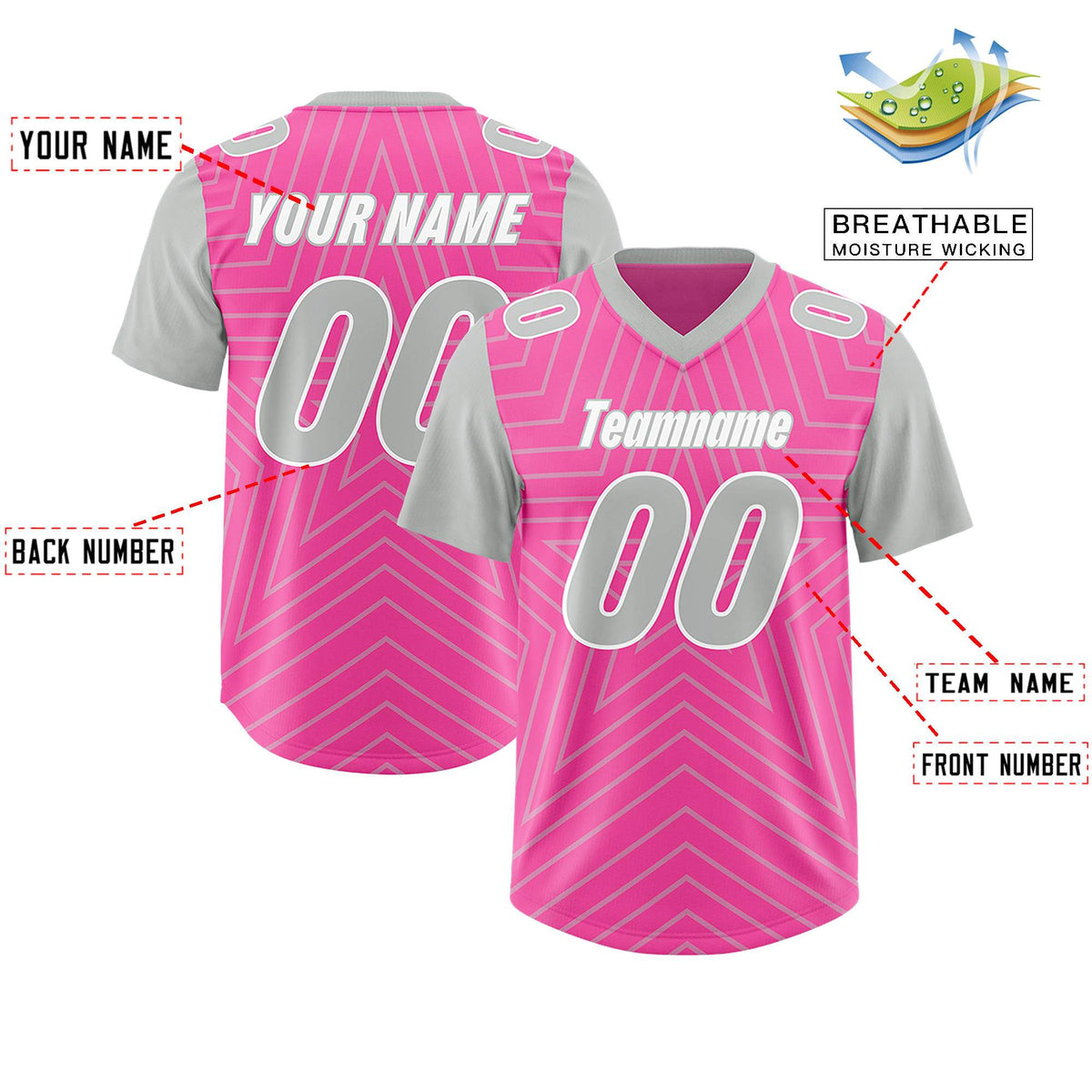 Custom Pink Gray Personalized Star Pattern Raglan Sleeves Authentic American Football Jersey