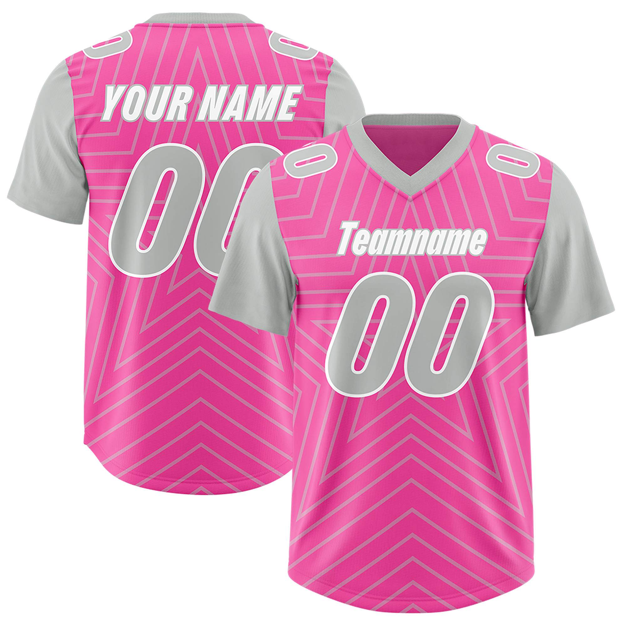 Custom Pink Gray Personalized Star Pattern Raglan Sleeves Authentic American Football Jersey