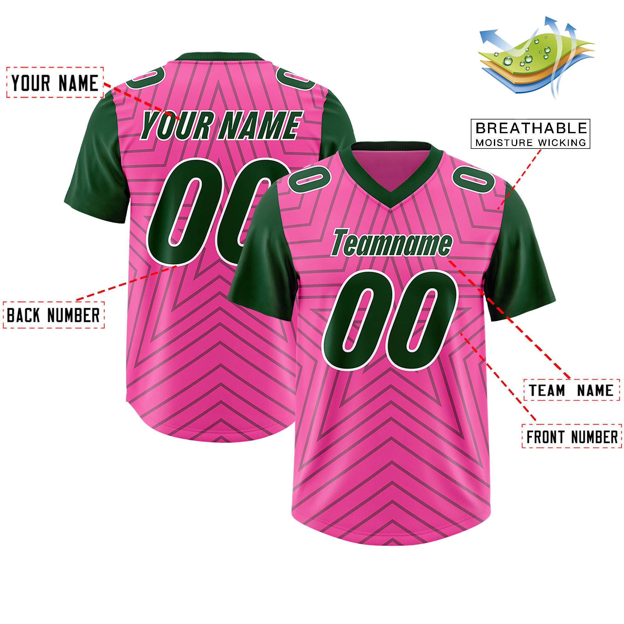 Custom Pink Green Personalized Star Pattern Raglan Sleeves Authentic American Football Jersey