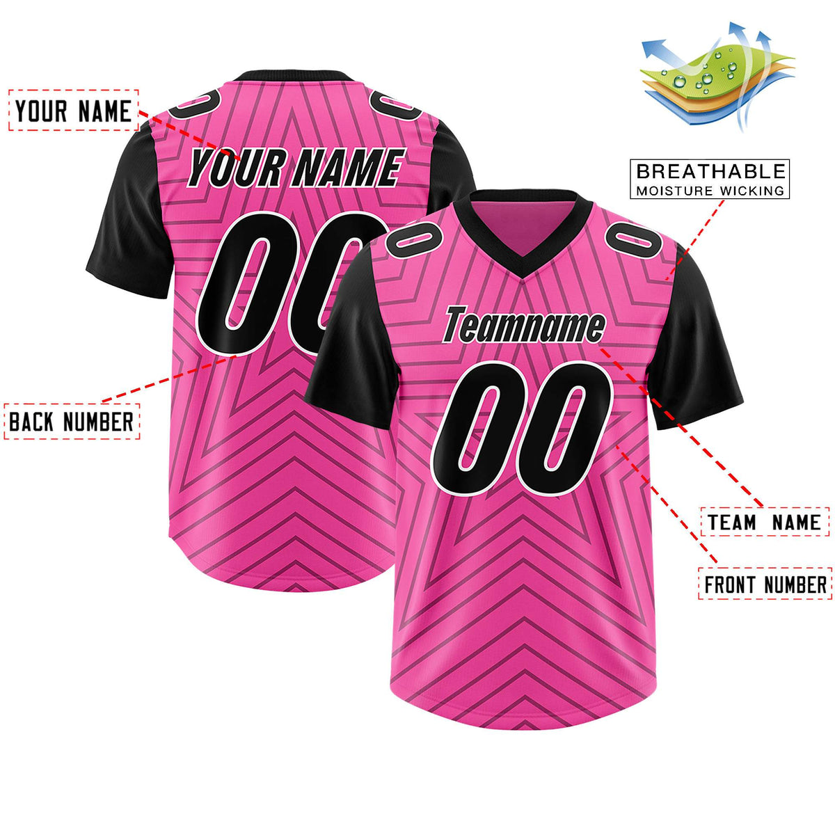 Custom Pink Black Personalized Star Pattern Raglan Sleeves Authentic American Football Jersey