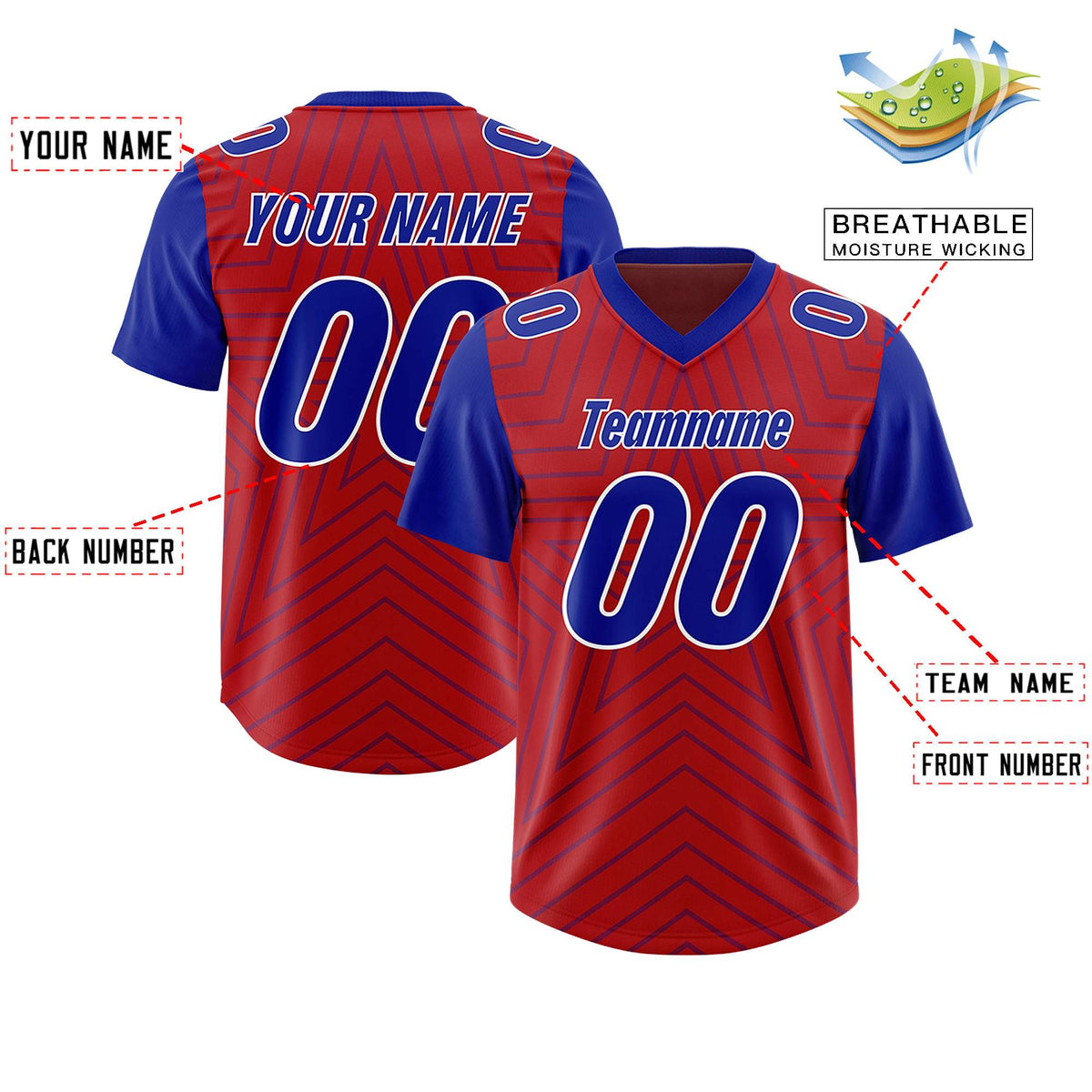 Custom Red Royal Personalized Star Pattern Raglan Sleeves Authentic American Football Jersey