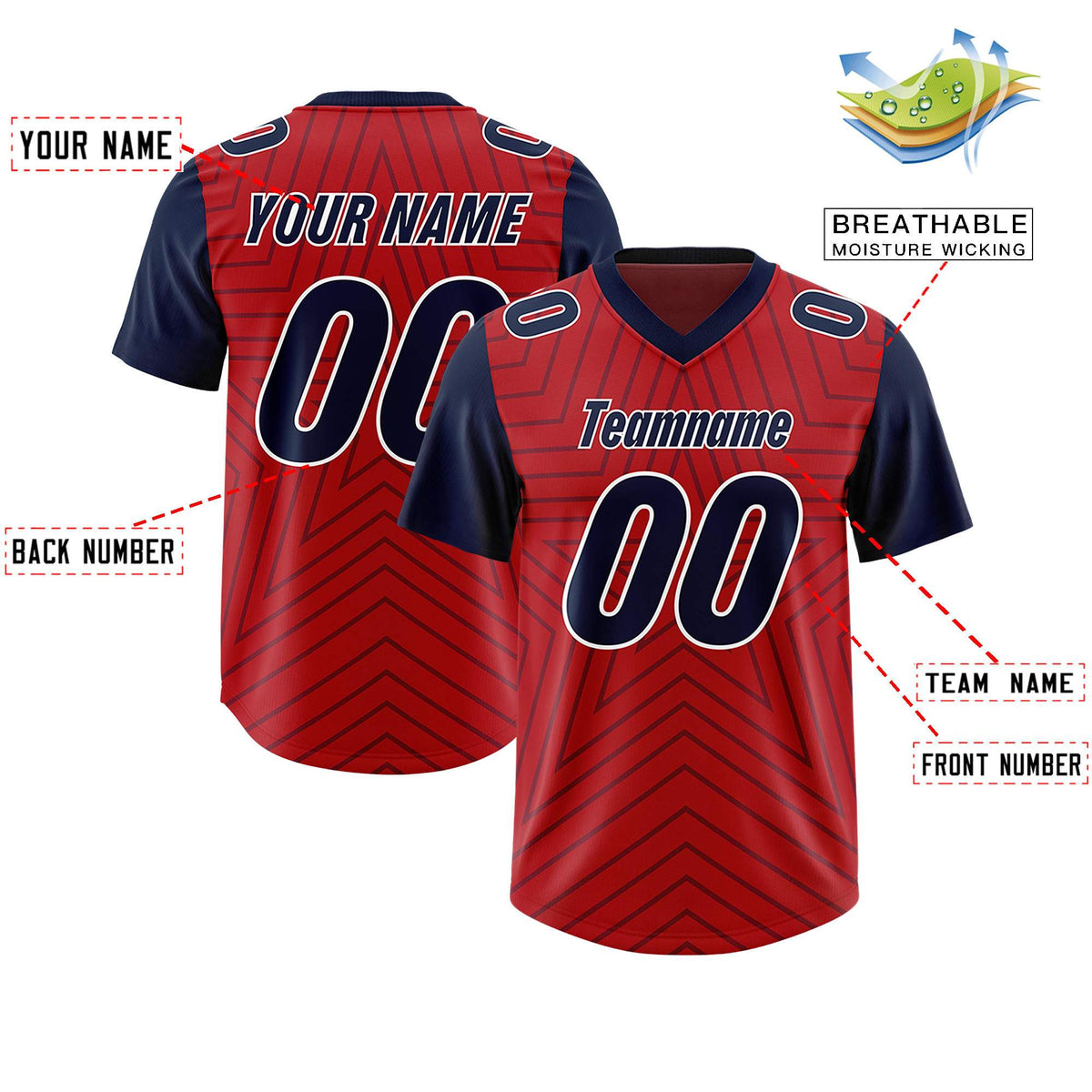 Custom Red Navy Personalized Star Pattern Raglan Sleeves Authentic American Football Jersey