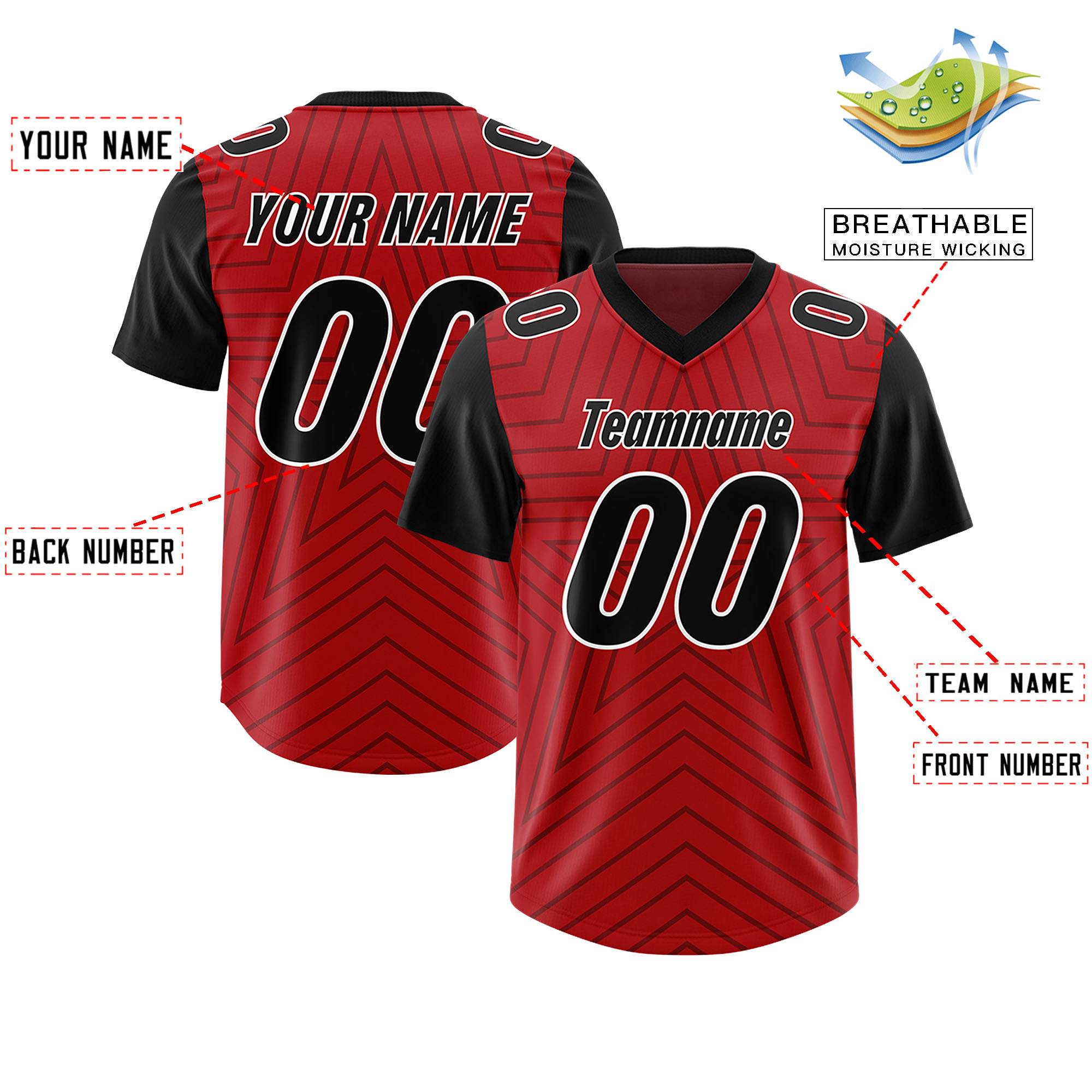 Custom Red Black Personalized Star Pattern Raglan Sleeves Authentic American Football Jersey