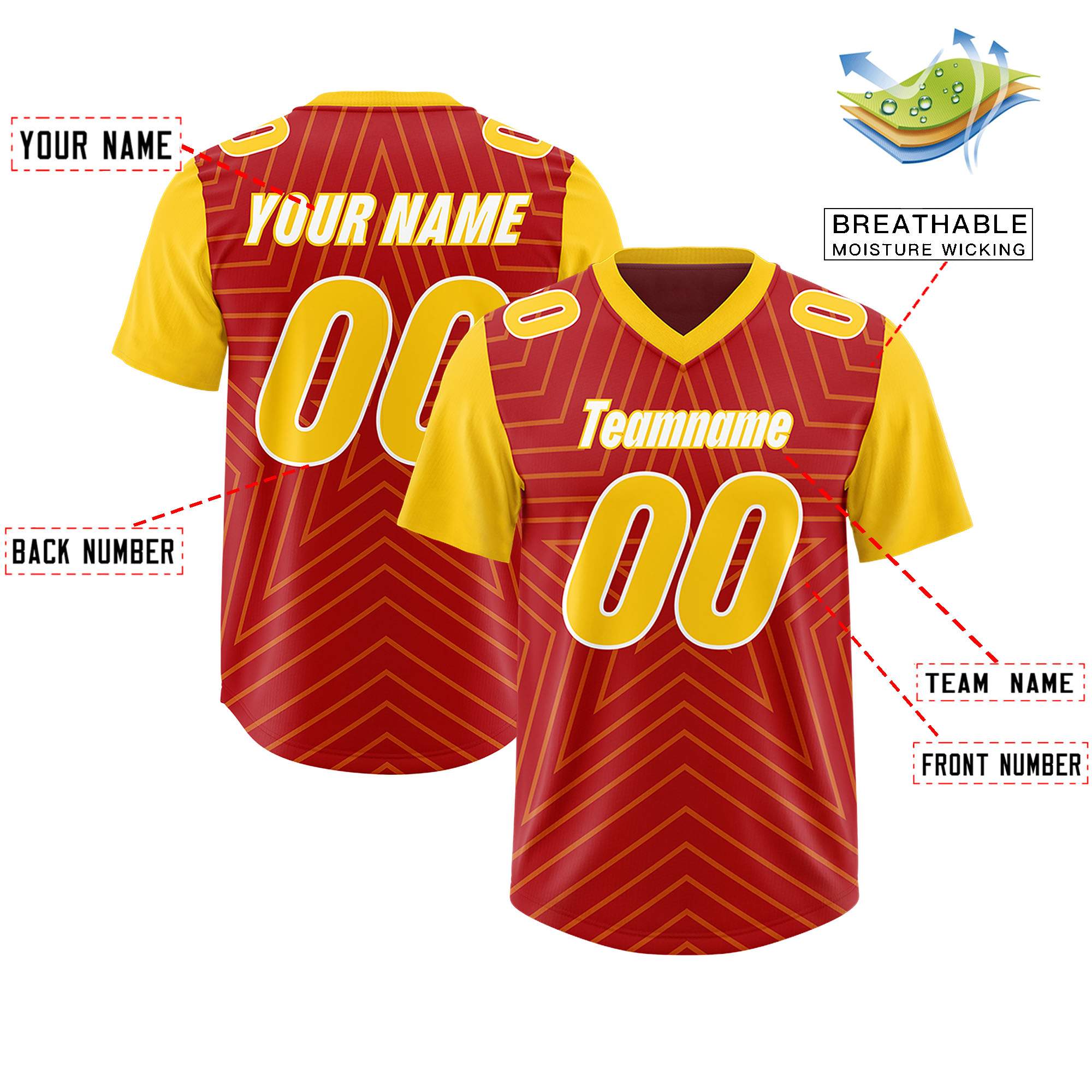 Custom Red Gold Personalized Star Pattern Raglan Sleeves Authentic American Football Jersey