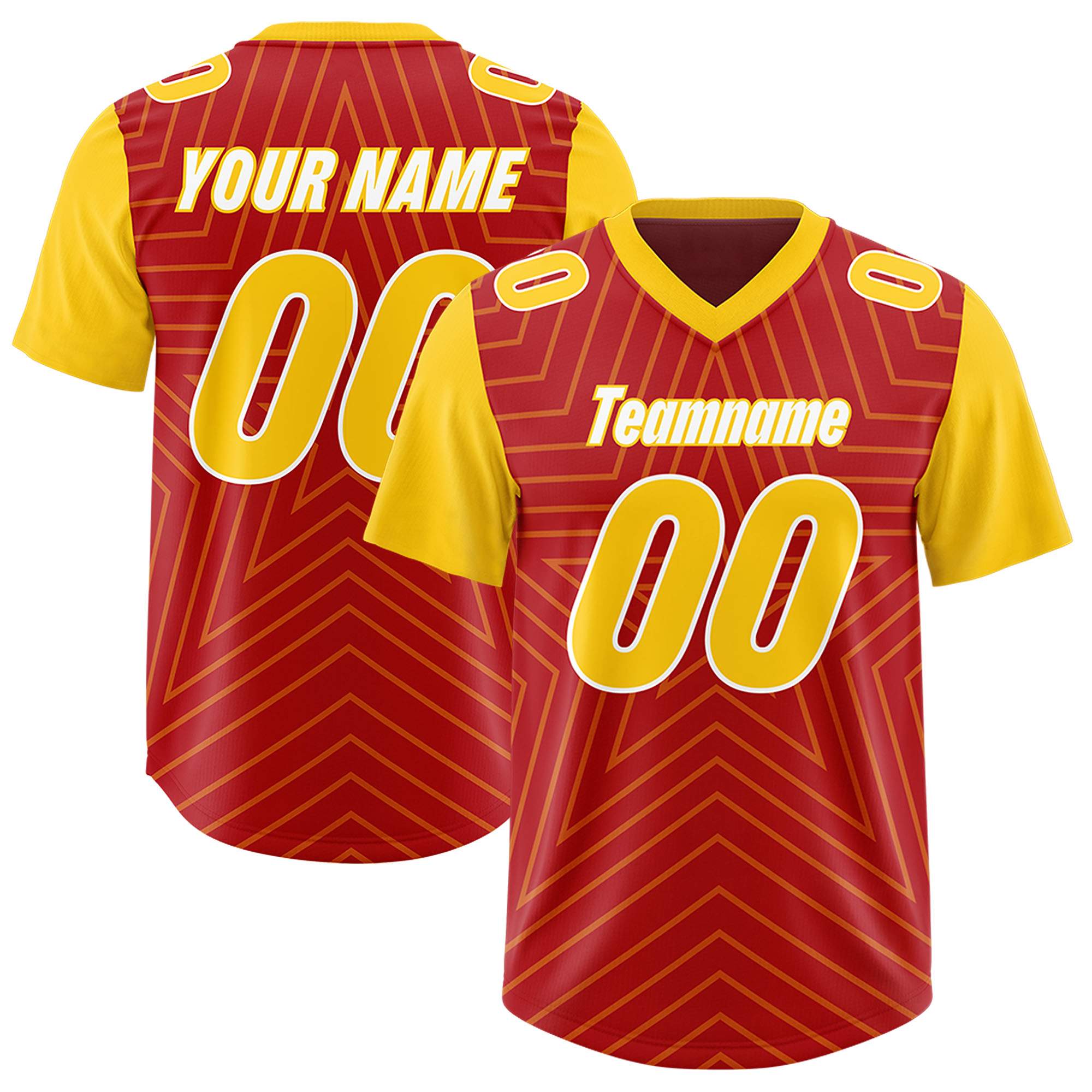 Custom Red Gold Personalized Star Pattern Raglan Sleeves Authentic American Football Jersey
