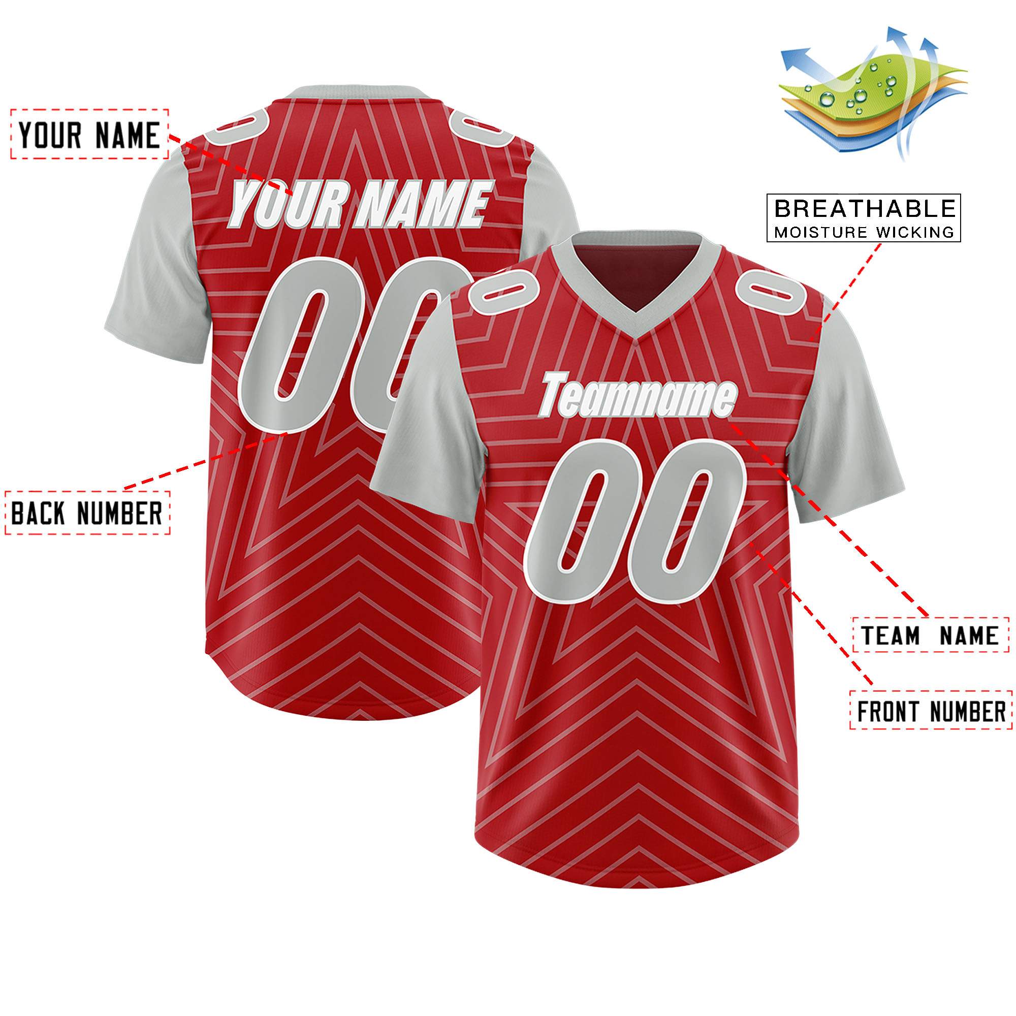Custom Red Gray Personalized Star Pattern Raglan Sleeves Authentic American Football Jersey