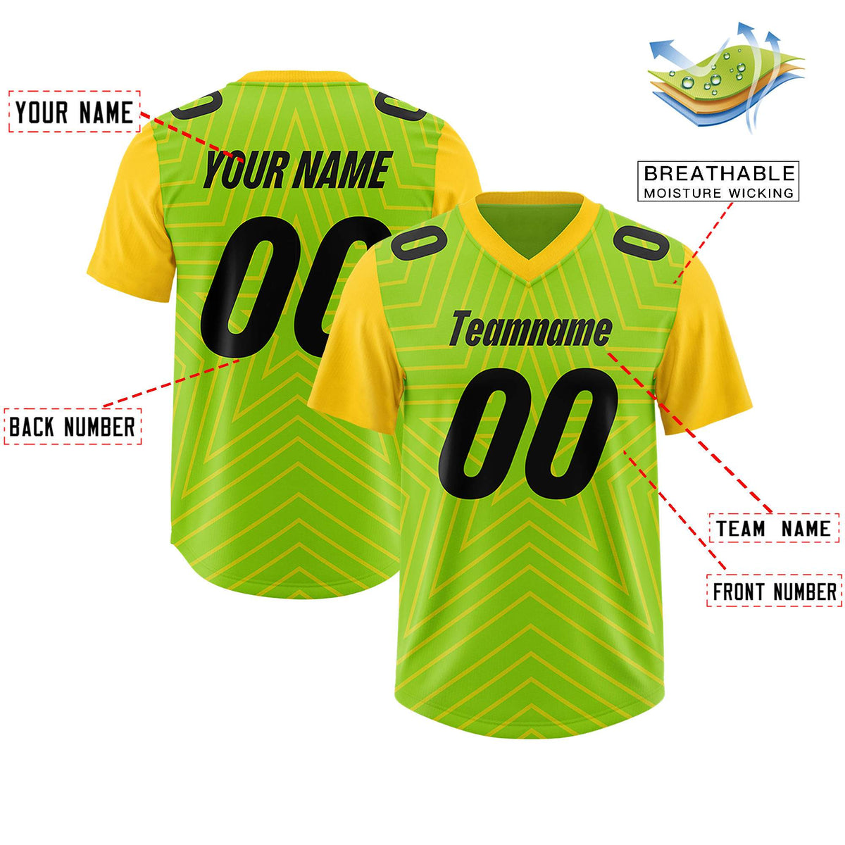 Custom Neon Green Gold Personalized Star Pattern Raglan Sleeves Authentic American Football Jersey