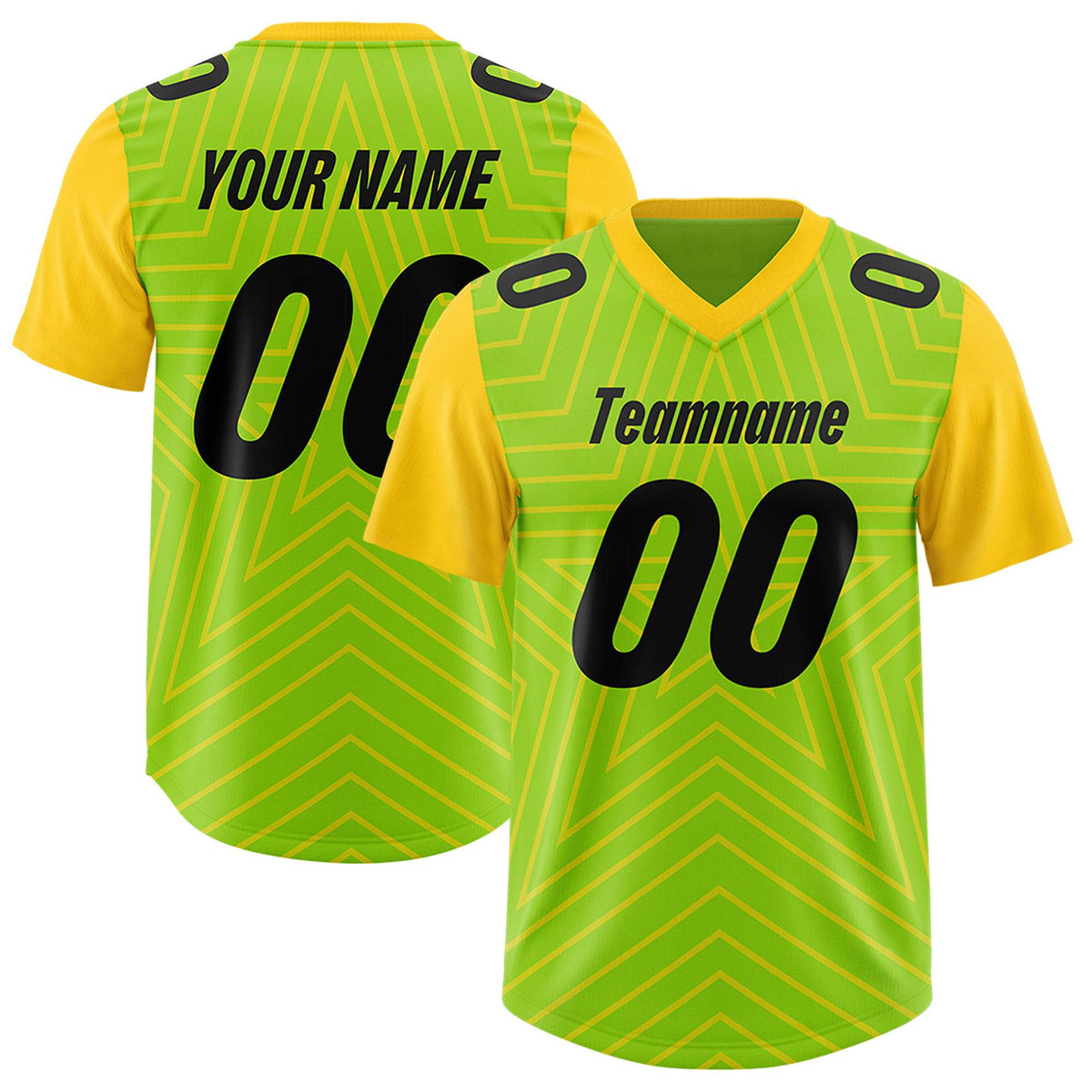 Custom Neon Green Gold Personalized Star Pattern Raglan Sleeves Authentic American Football Jersey