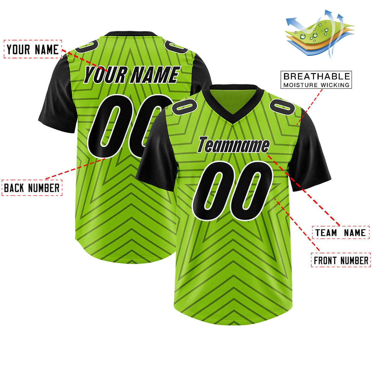 Custom Neon Green Black Personalized Star Pattern Raglan Sleeves Authentic American Football Jersey
