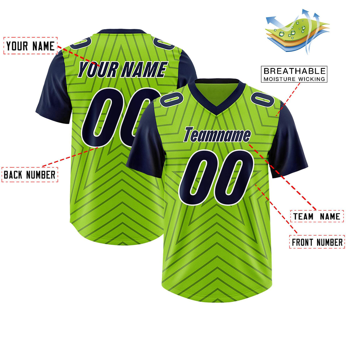 Custom Neon Green Navy Personalized Star Pattern Raglan Sleeves Authentic American Football Jersey