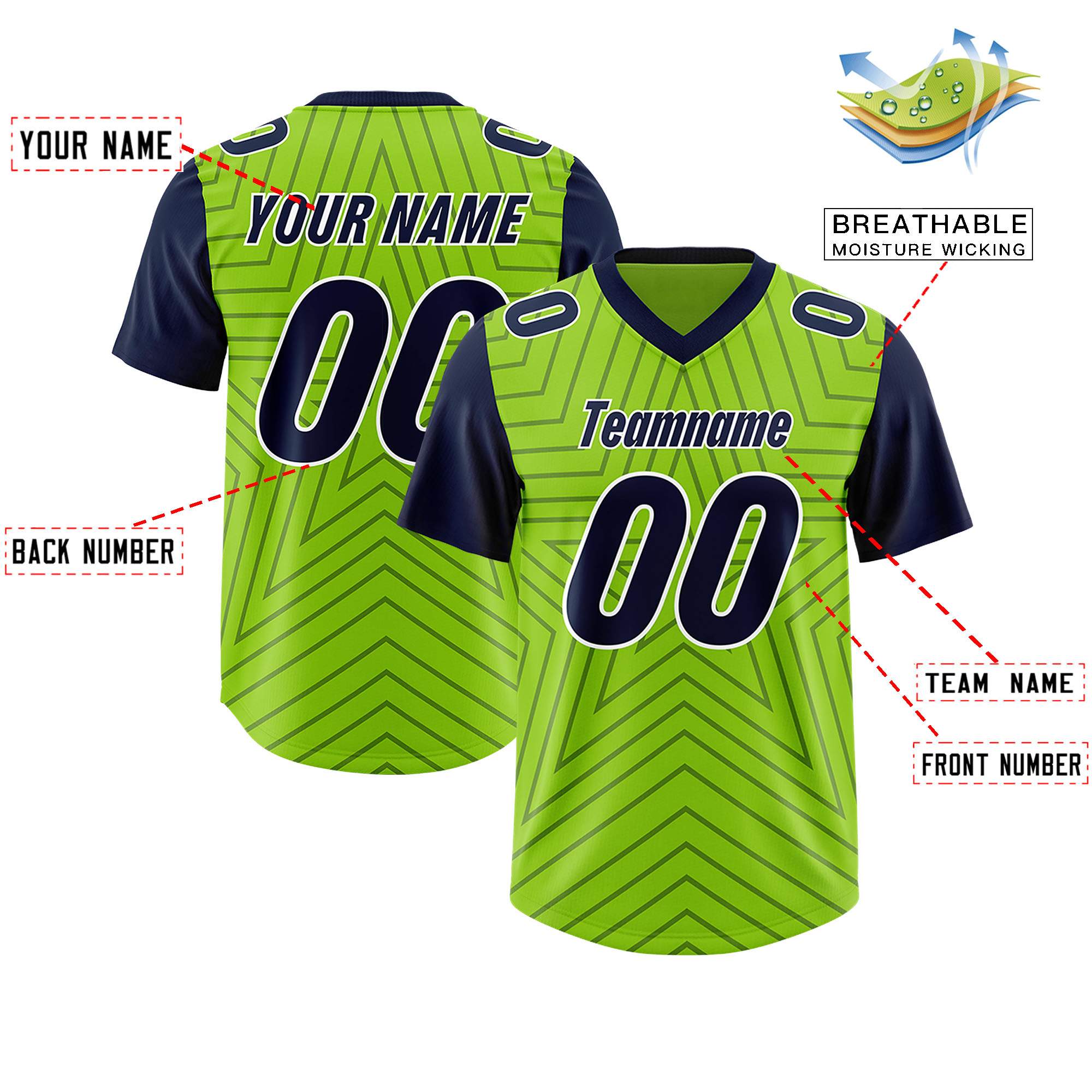 Custom Neon Green Navy Personalized Star Pattern Raglan Sleeves Authentic American Football Jersey