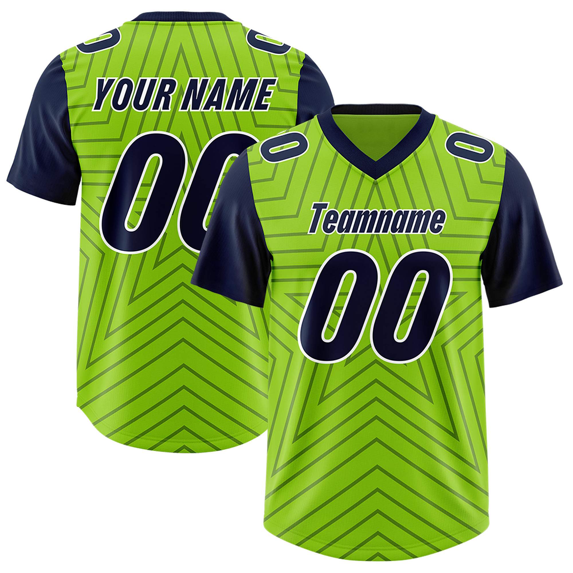Custom Neon Green Navy Personalized Star Pattern Raglan Sleeves Authentic American Football Jersey