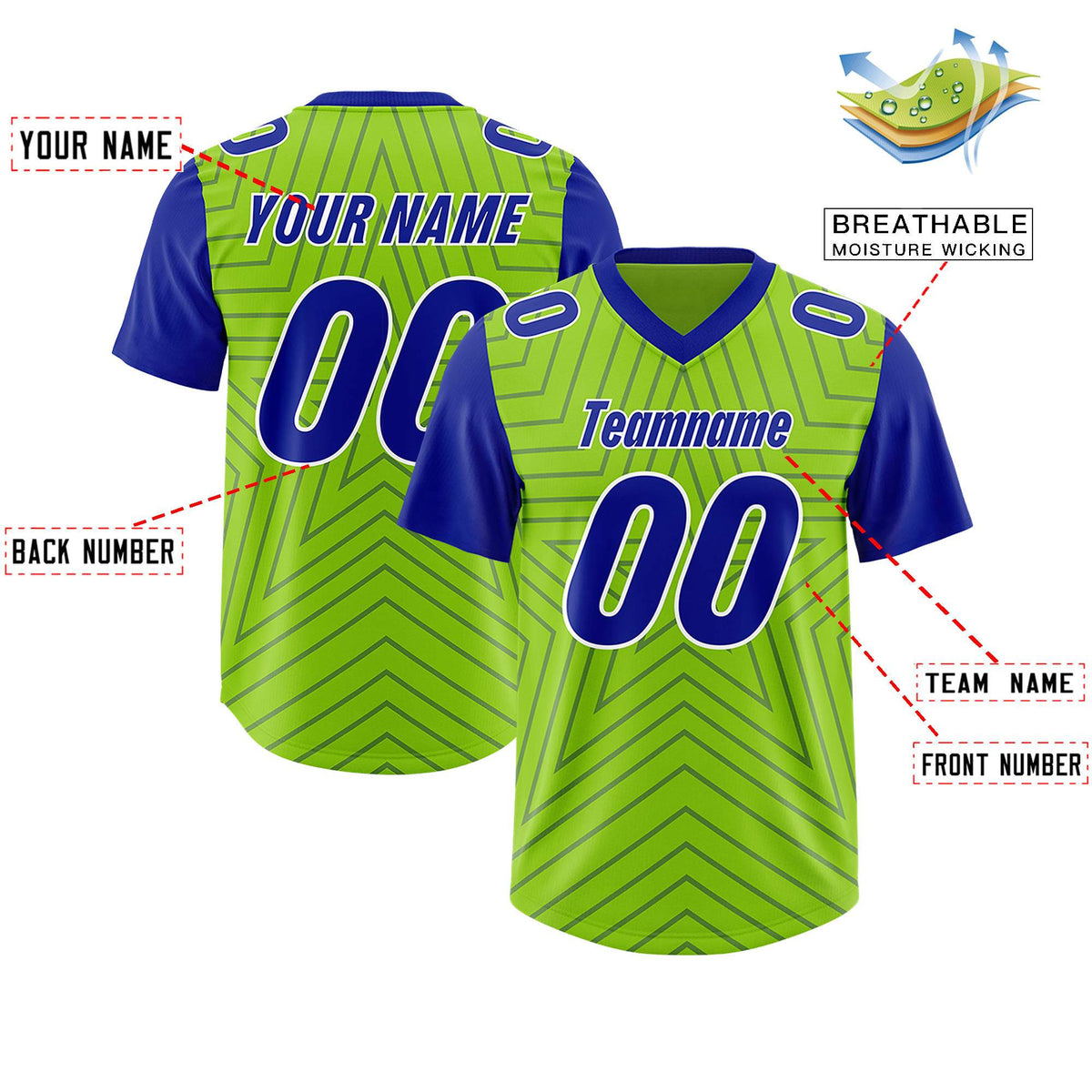 Custom Neon Green Royal Personalized Star Pattern Raglan Sleeves Authentic American Football Jersey
