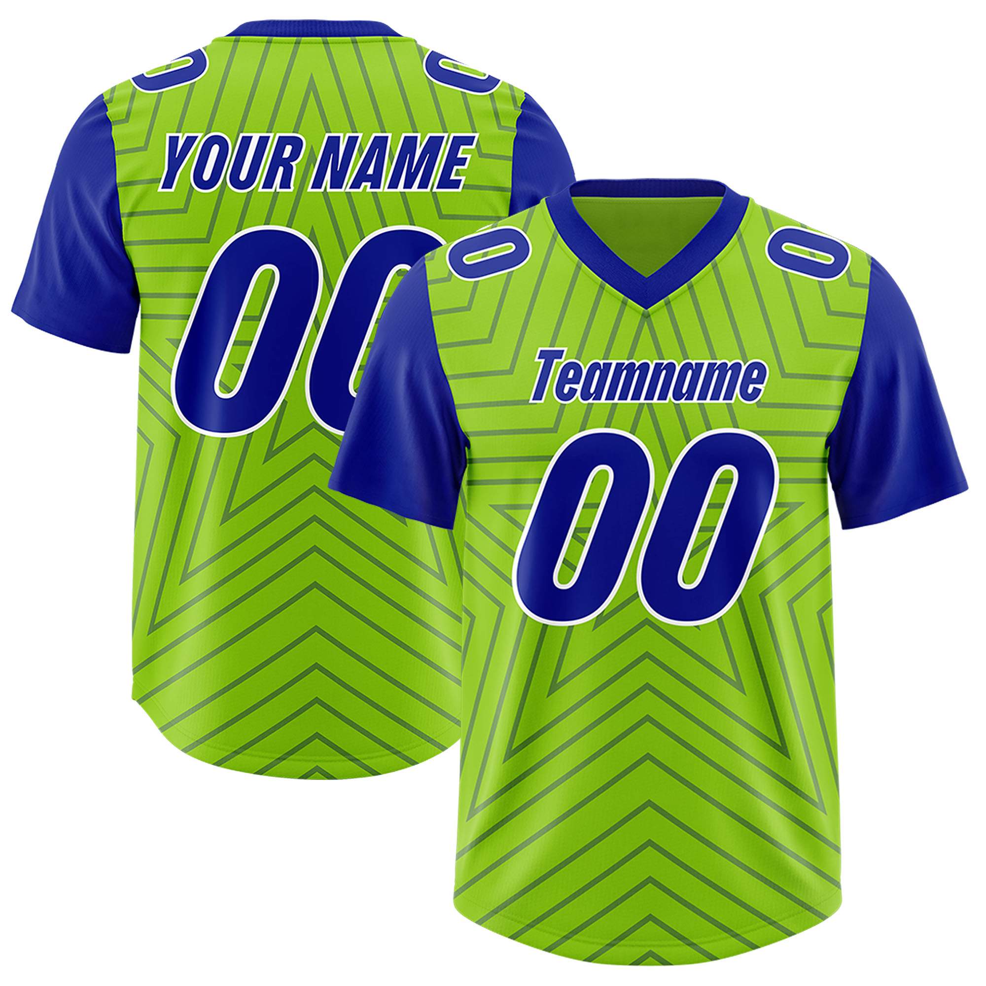 Custom Neon Green Royal Personalized Star Pattern Raglan Sleeves Authentic American Football Jersey