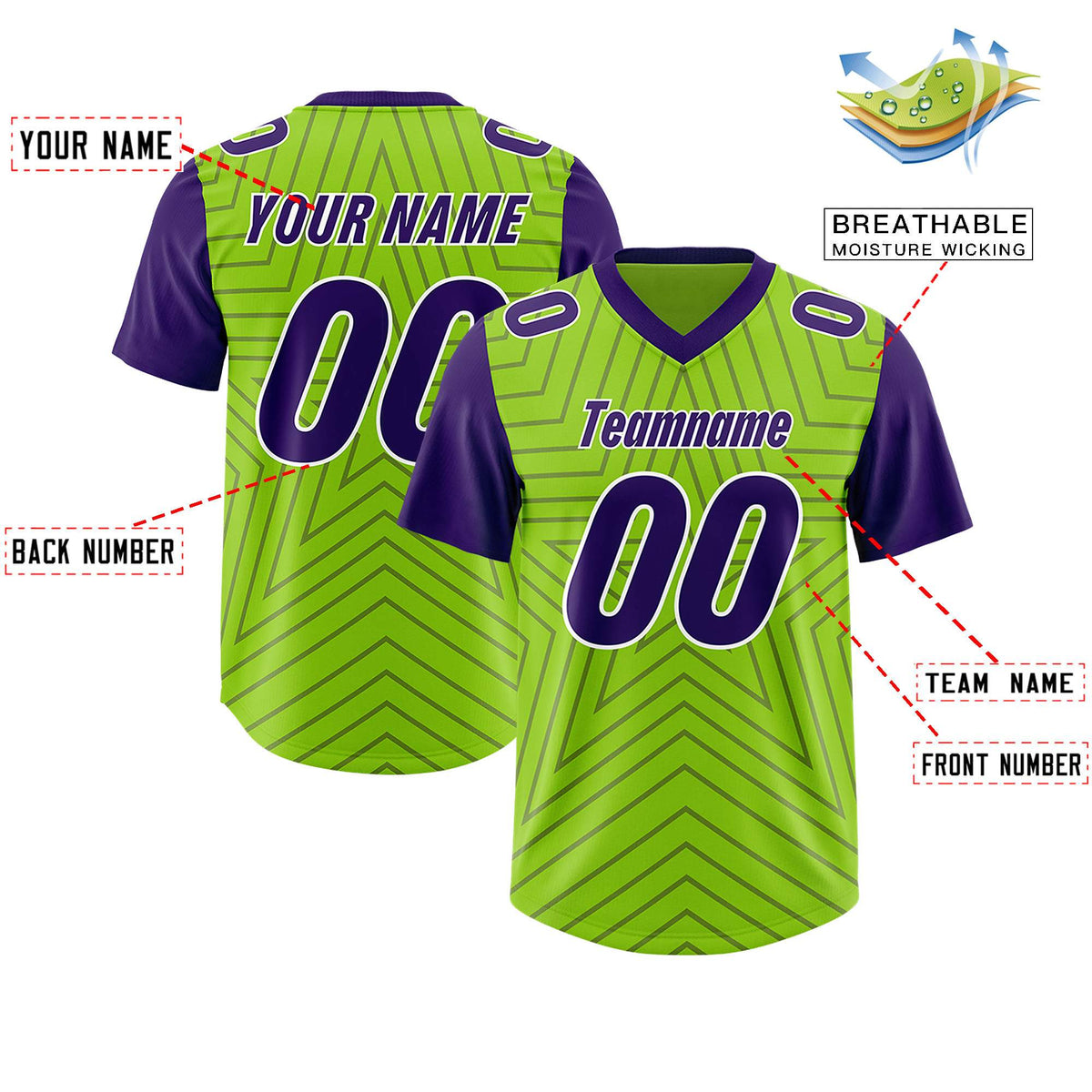 Custom Neon Green Purple Personalized Star Pattern Raglan Sleeves Authentic American Football Jersey