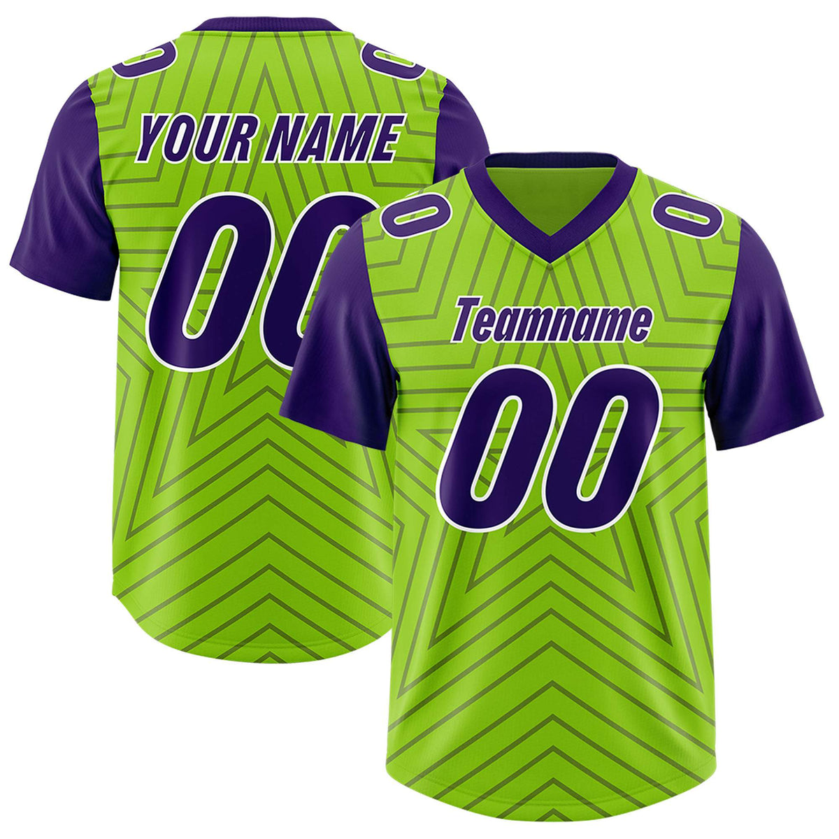Custom Neon Green Purple Personalized Star Pattern Raglan Sleeves Authentic American Football Jersey