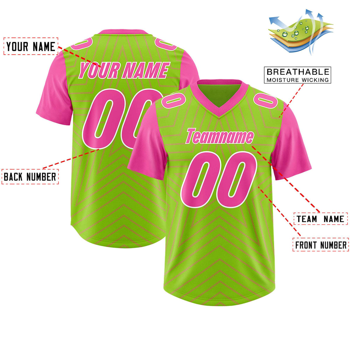 Custom Neon Green Pink Personalized Star Pattern Raglan Sleeves Authentic American Football Jersey