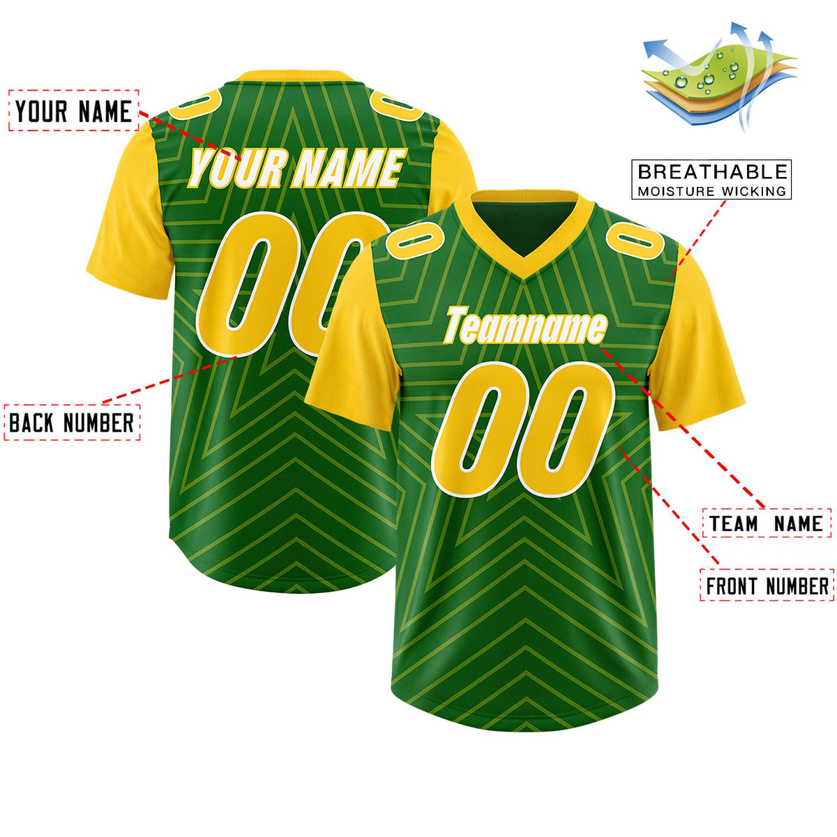 Custom Kelly Green Gold Personalized Star Pattern Raglan Sleeves Authentic American Football Jersey