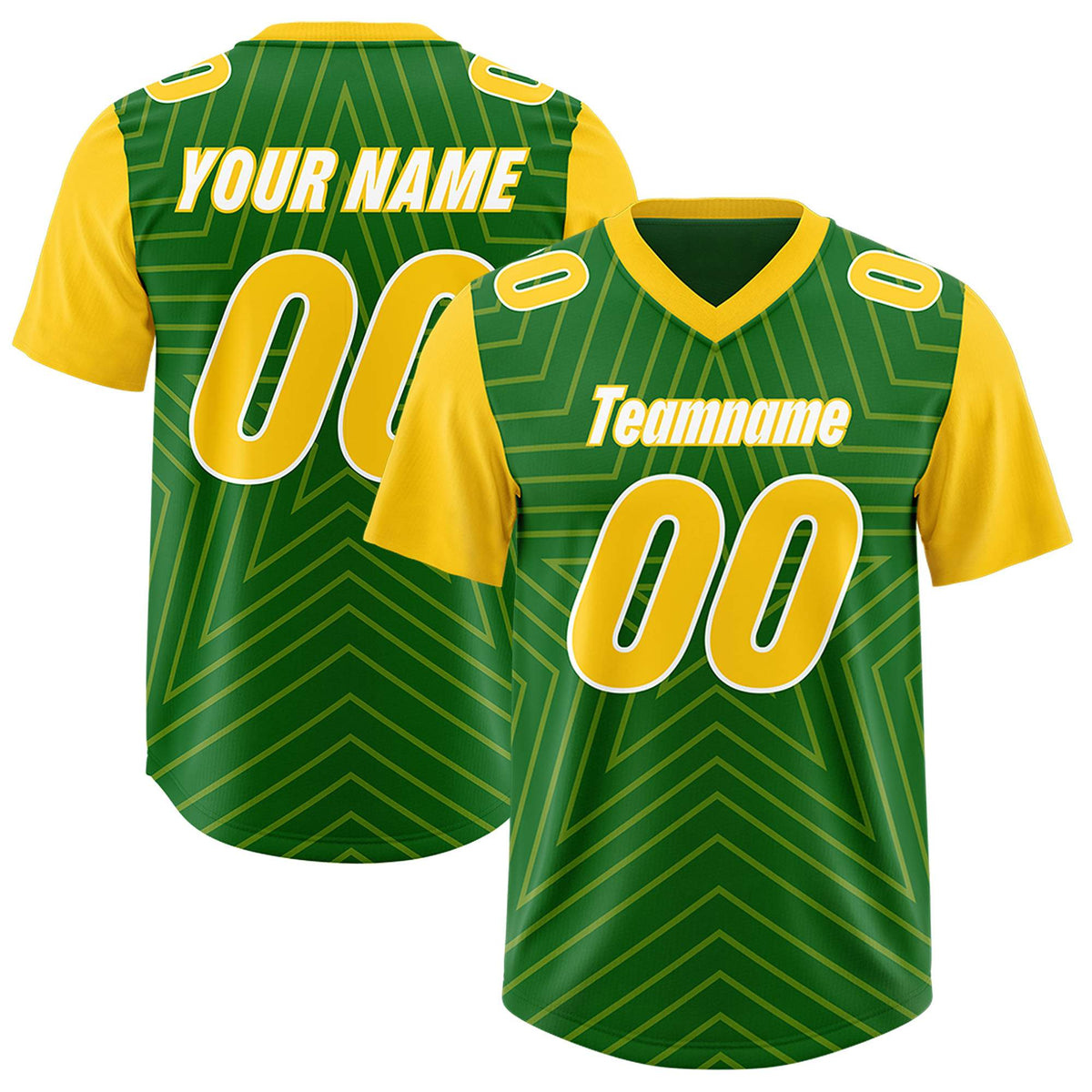 Custom Kelly Green Gold Personalized Star Pattern Raglan Sleeves Authentic American Football Jersey