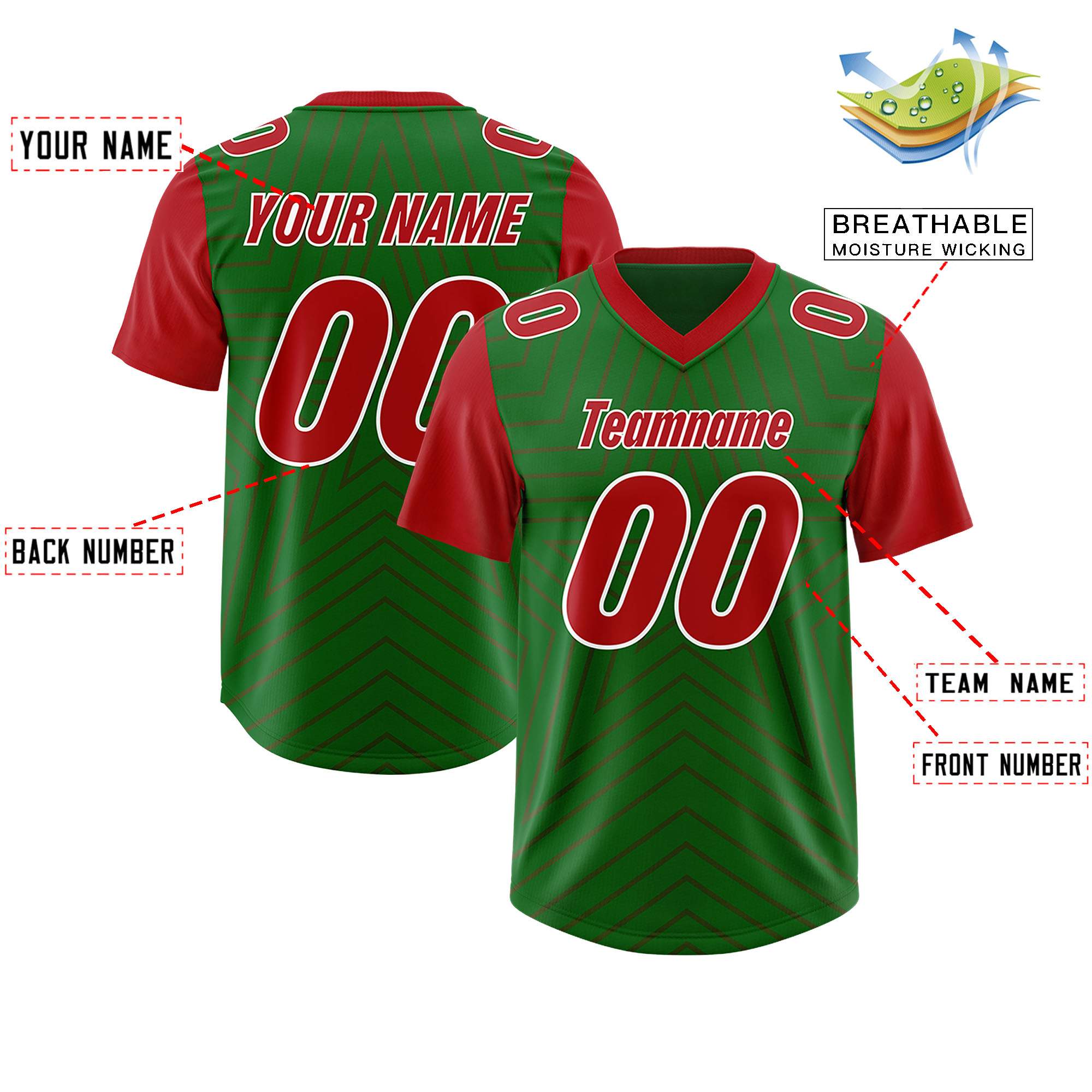 Custom Kelly Green Red Personalized Star Pattern Raglan Sleeves Authentic American Football Jersey