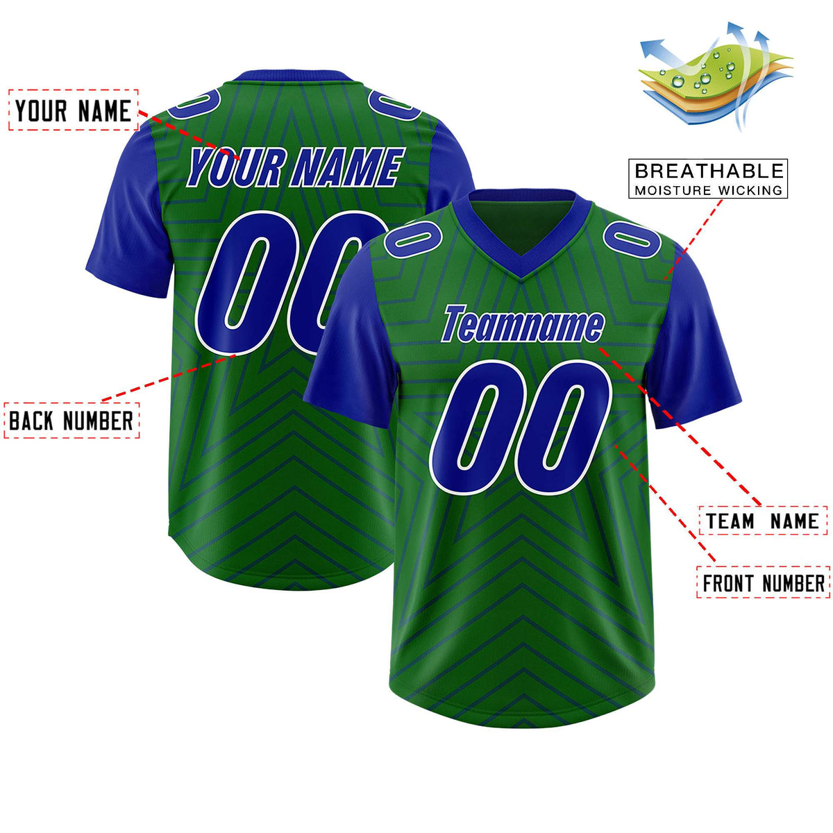 Custom Kelly Green Royal Personalized Star Pattern Raglan Sleeves Authentic American Football Jersey