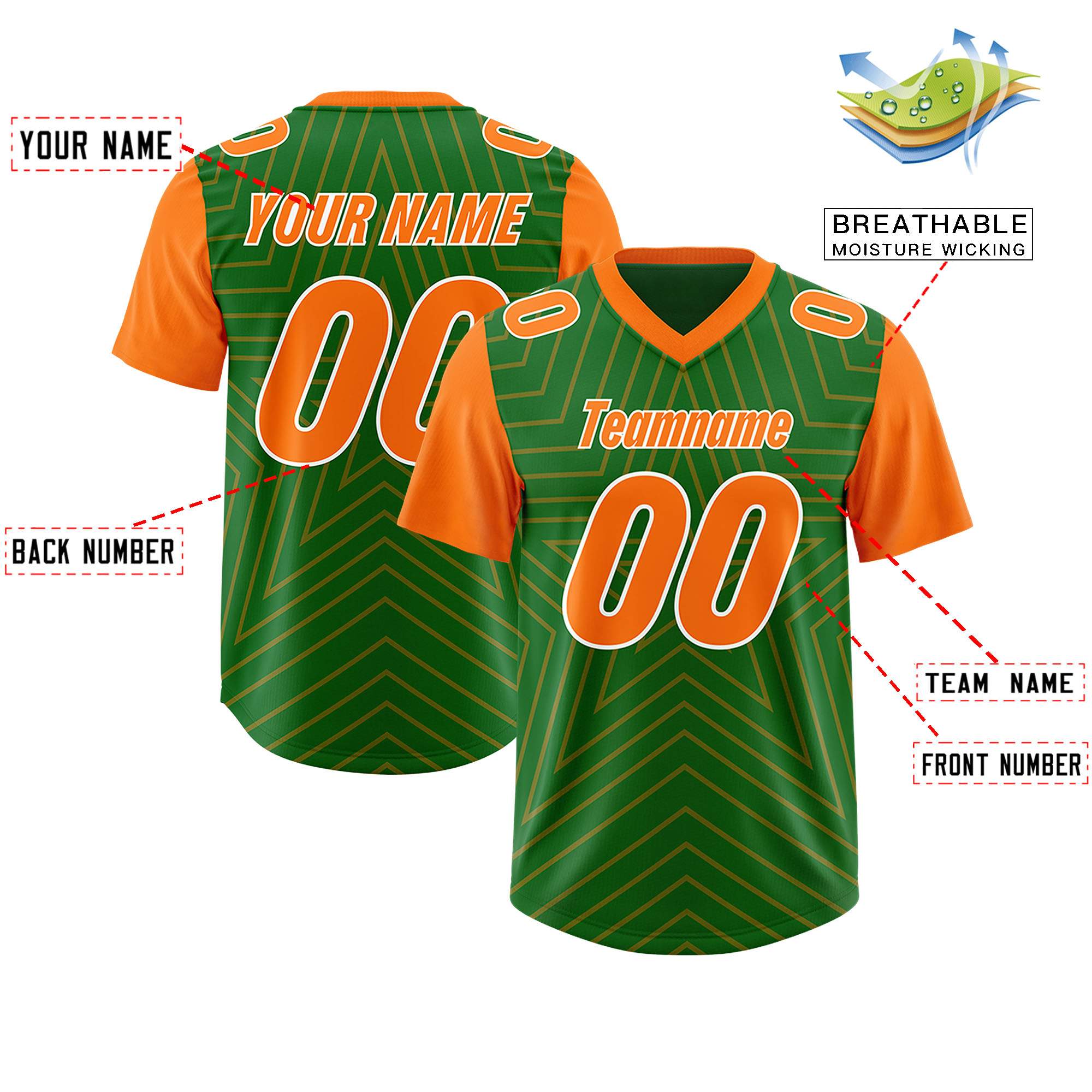 Custom Kelly Green Orange Personalized Star Pattern Raglan Sleeves Authentic American Football Jersey