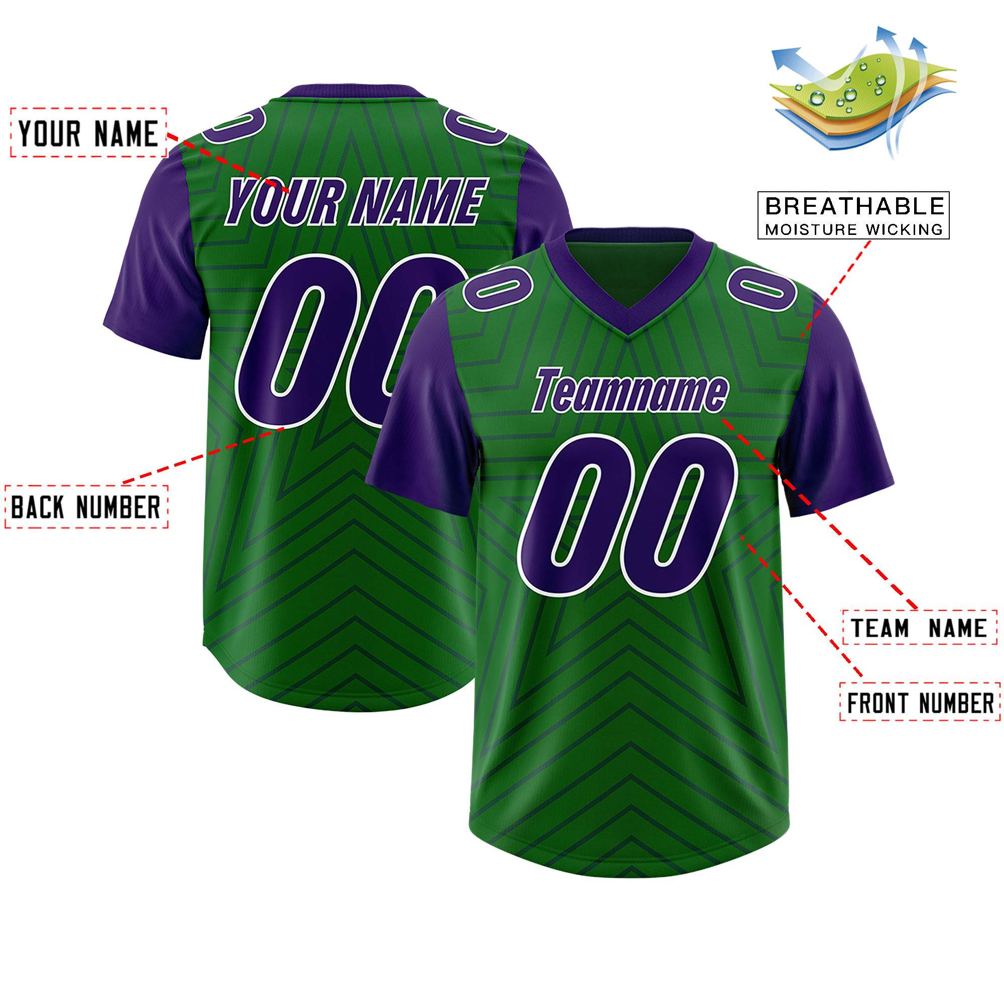 Custom Kelly Green Purple Personalized Star Pattern Raglan Sleeves Authentic American Football Jersey