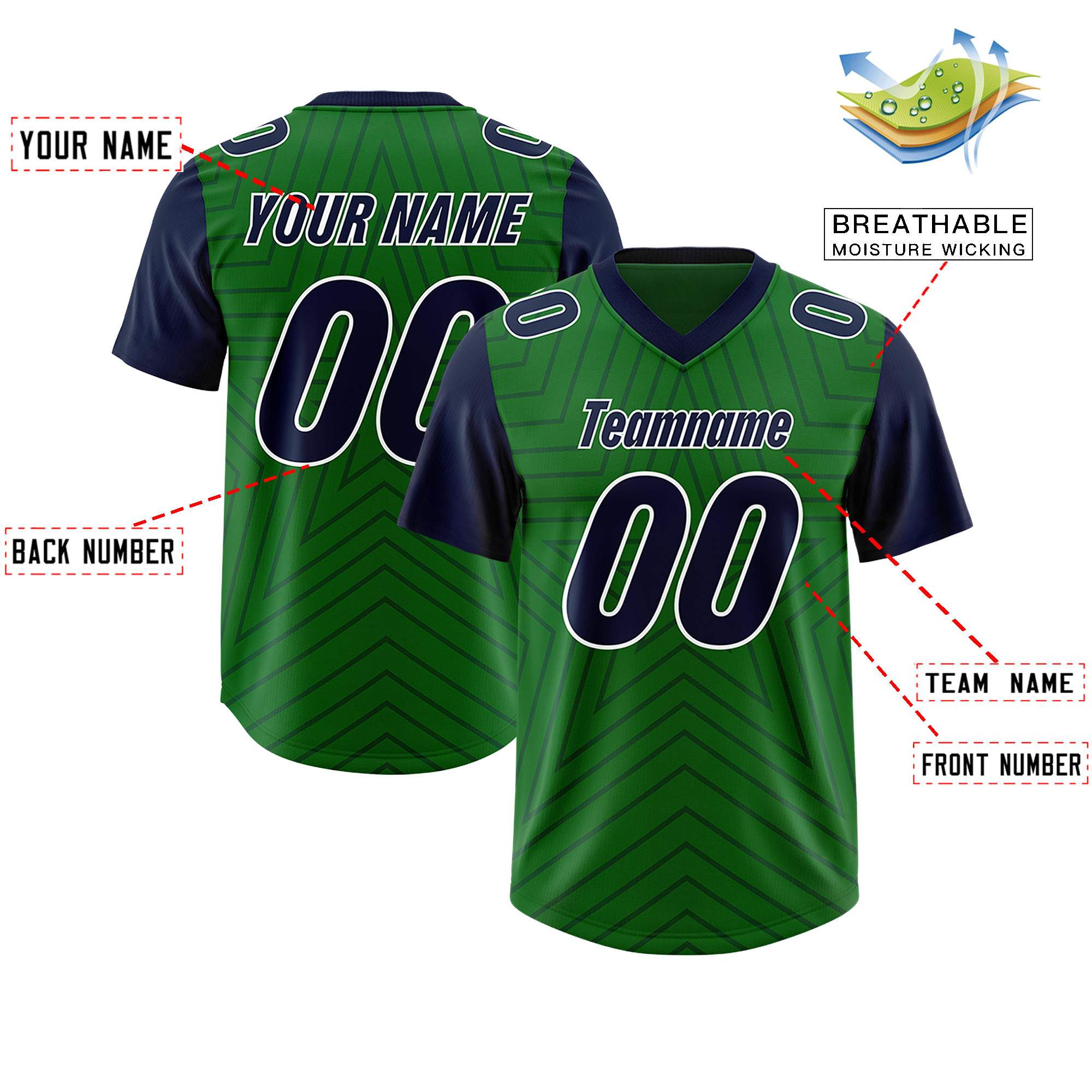 Custom Kelly Green Navy Personalized Star Pattern Raglan Sleeves Authentic American Football Jersey