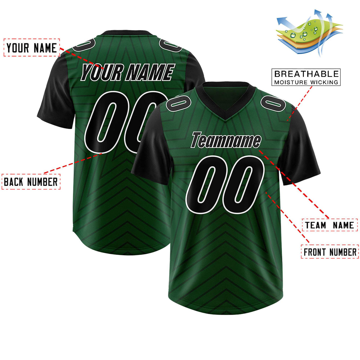 Custom Green Black Personalized Star Pattern Raglan Sleeves Authentic American Football Jersey