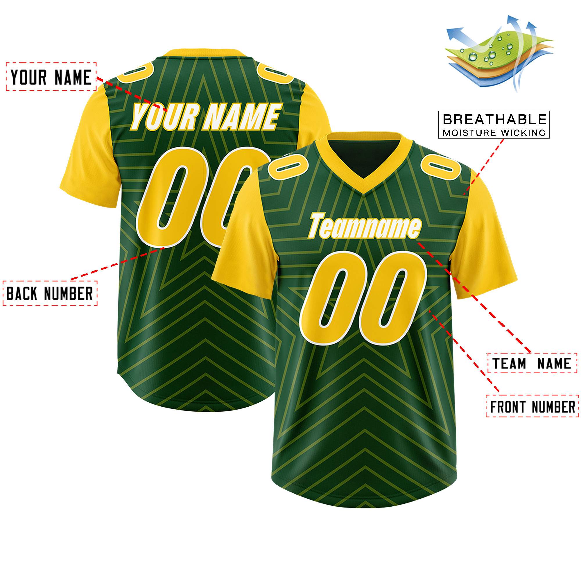 Custom Green Gold Personalized Star Pattern Raglan Sleeves Authentic American Football Jersey