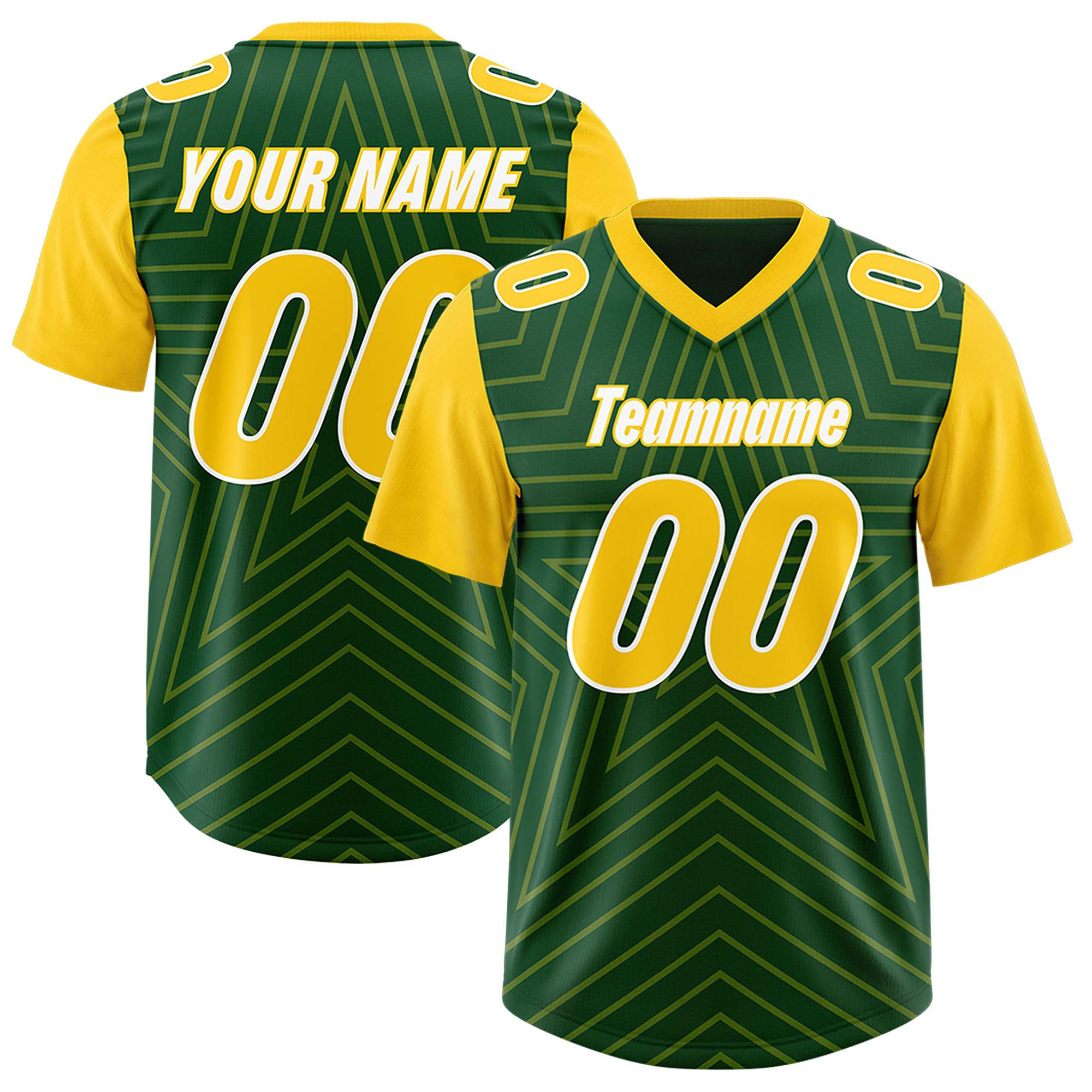 Custom Green Gold Personalized Star Pattern Raglan Sleeves Authentic American Football Jersey