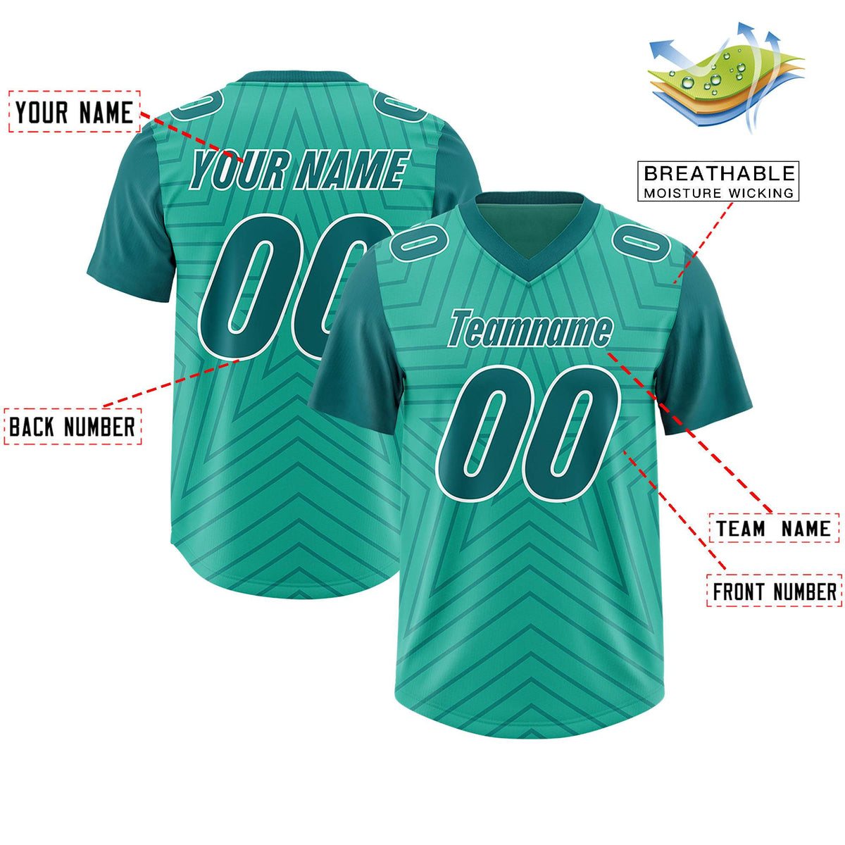 Custom Bright Green Aqua Personalized Star Pattern Raglan Sleeves Authentic American Football Jersey