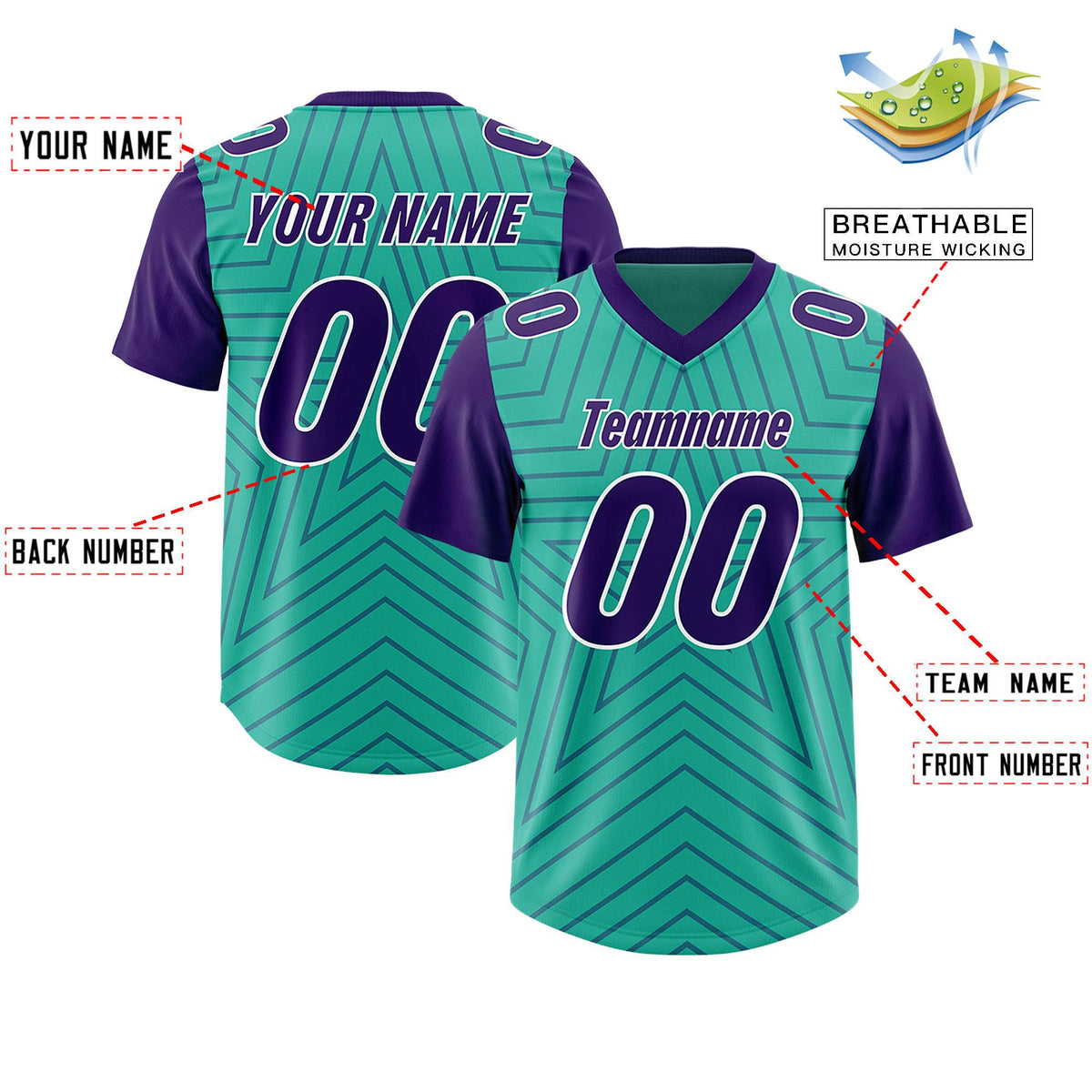 Custom Bright Green Purple Personalized Star Pattern Raglan Sleeves Authentic American Football Jersey