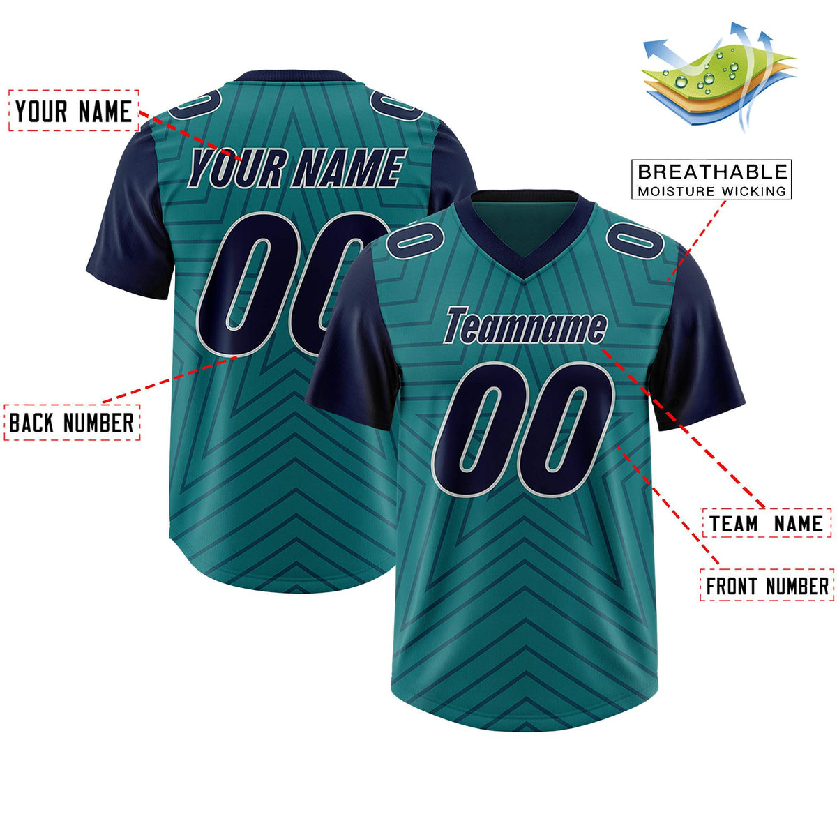 Custom Aqua Navy Personalized Star Pattern Raglan Sleeves Authentic American Football Jersey