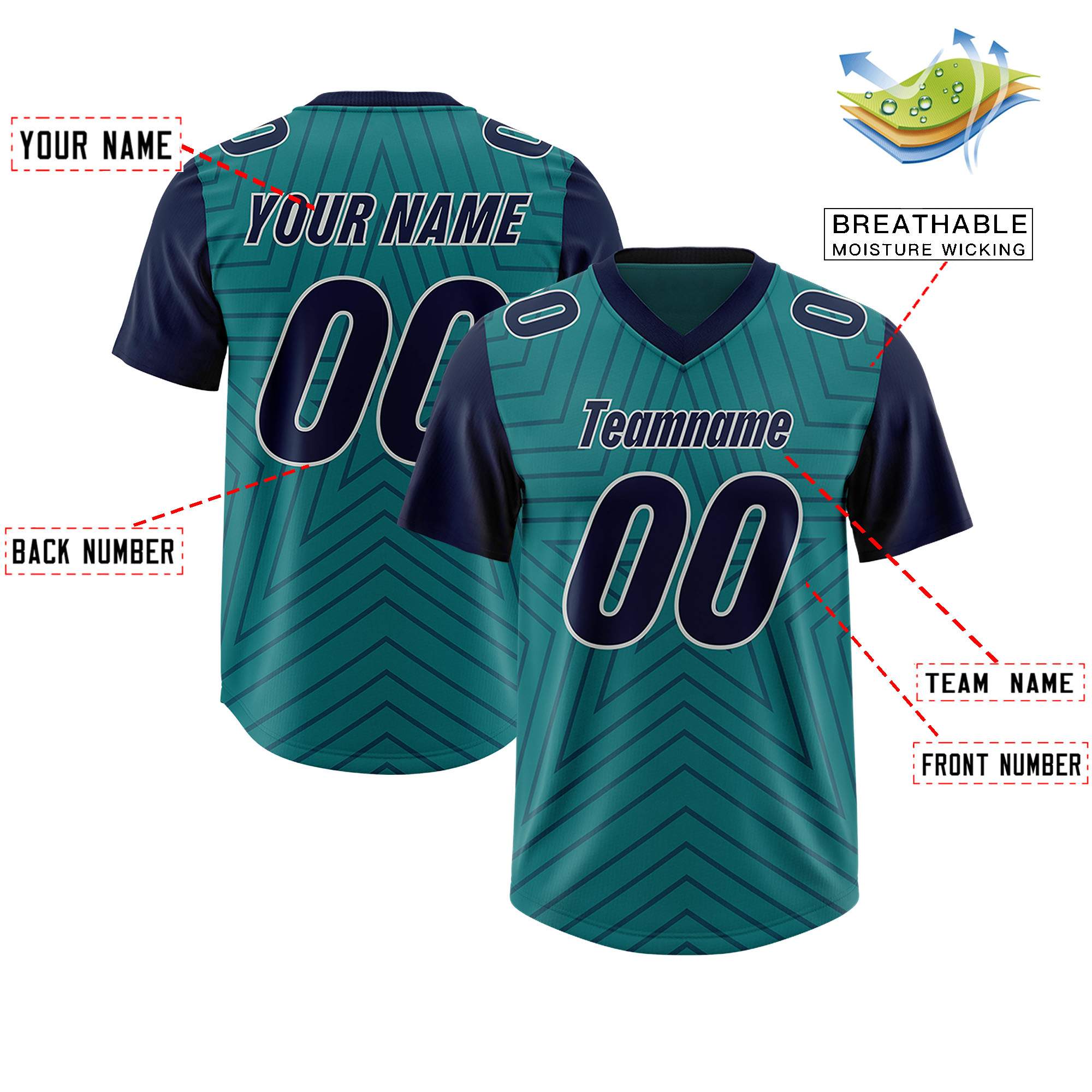Custom Aqua Navy Personalized Star Pattern Raglan Sleeves Authentic American Football Jersey