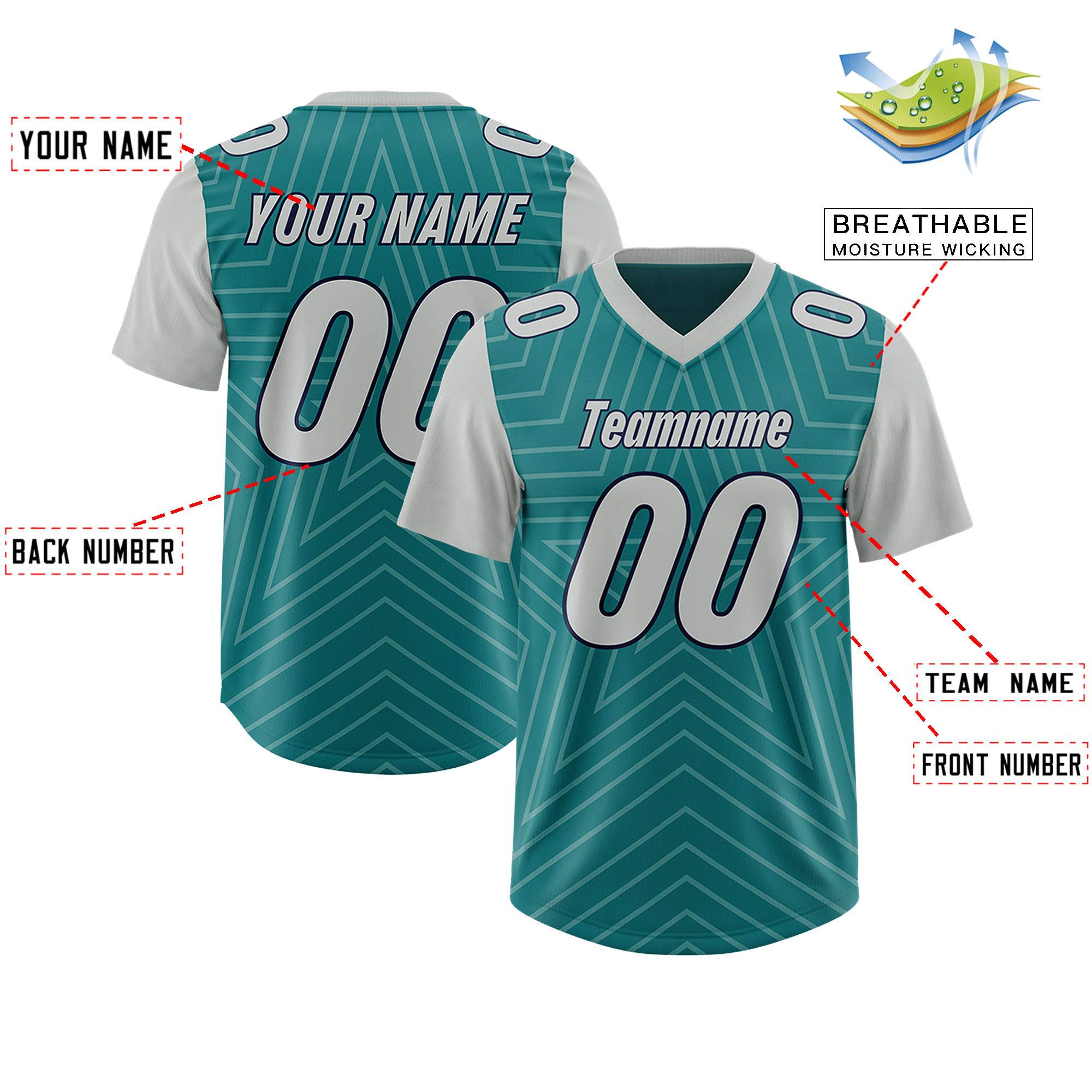 Custom Aqua Gray Personalized Star Pattern Raglan Sleeves Authentic American Football Jersey