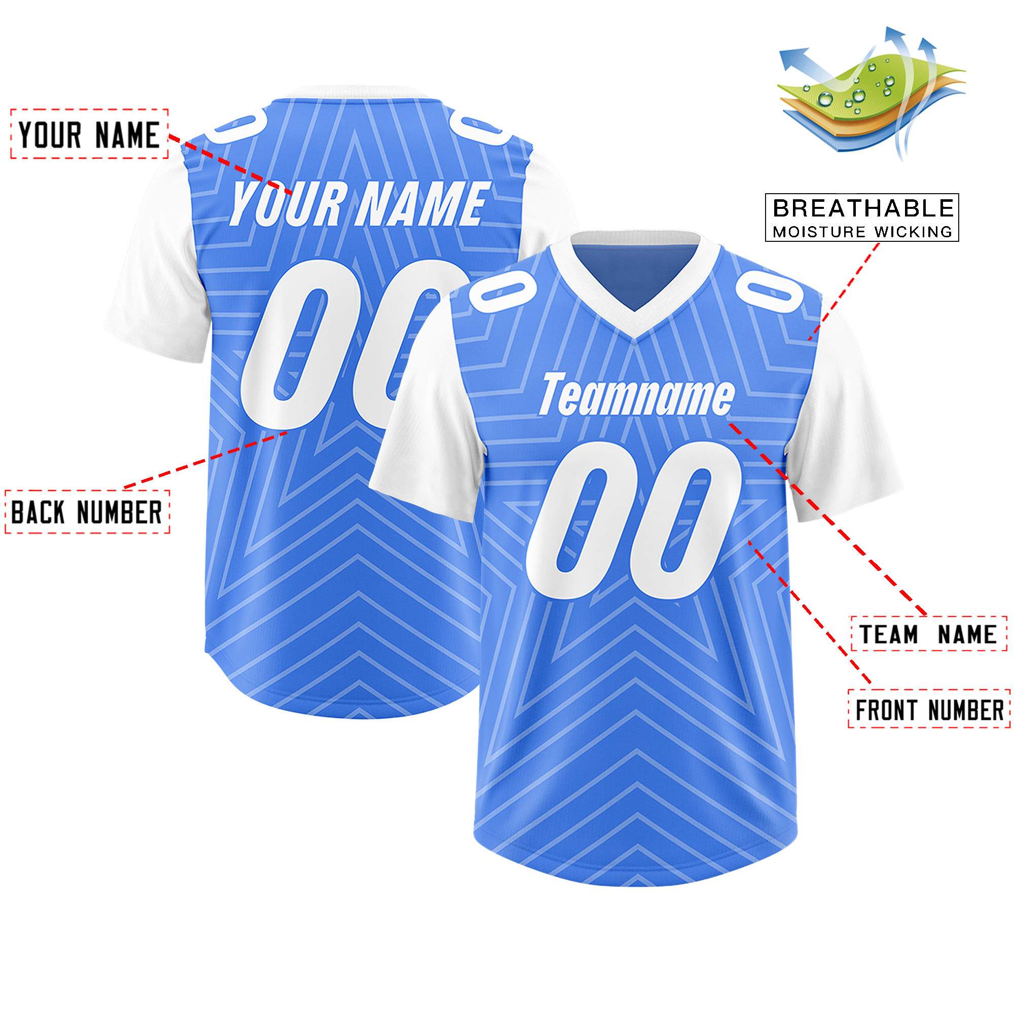 Custom Powder Blue White Personalized Star Pattern Raglan Sleeves Authentic American Football Jersey