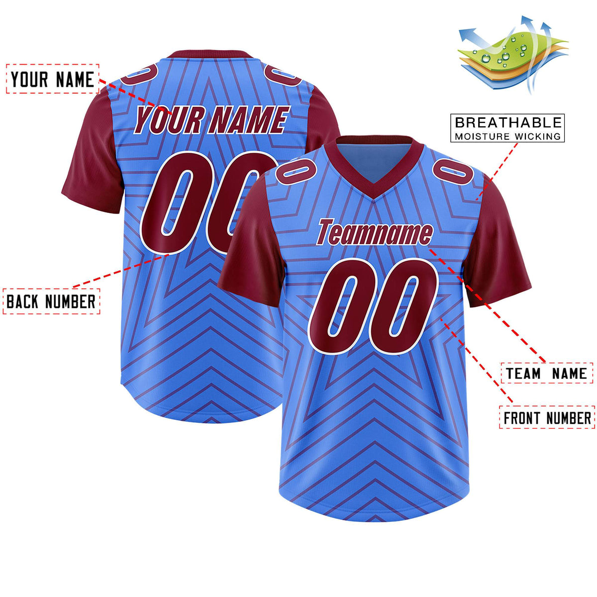 Custom Powder Blue Cardinal Personalized Star Pattern Raglan Sleeves Authentic American Football Jersey