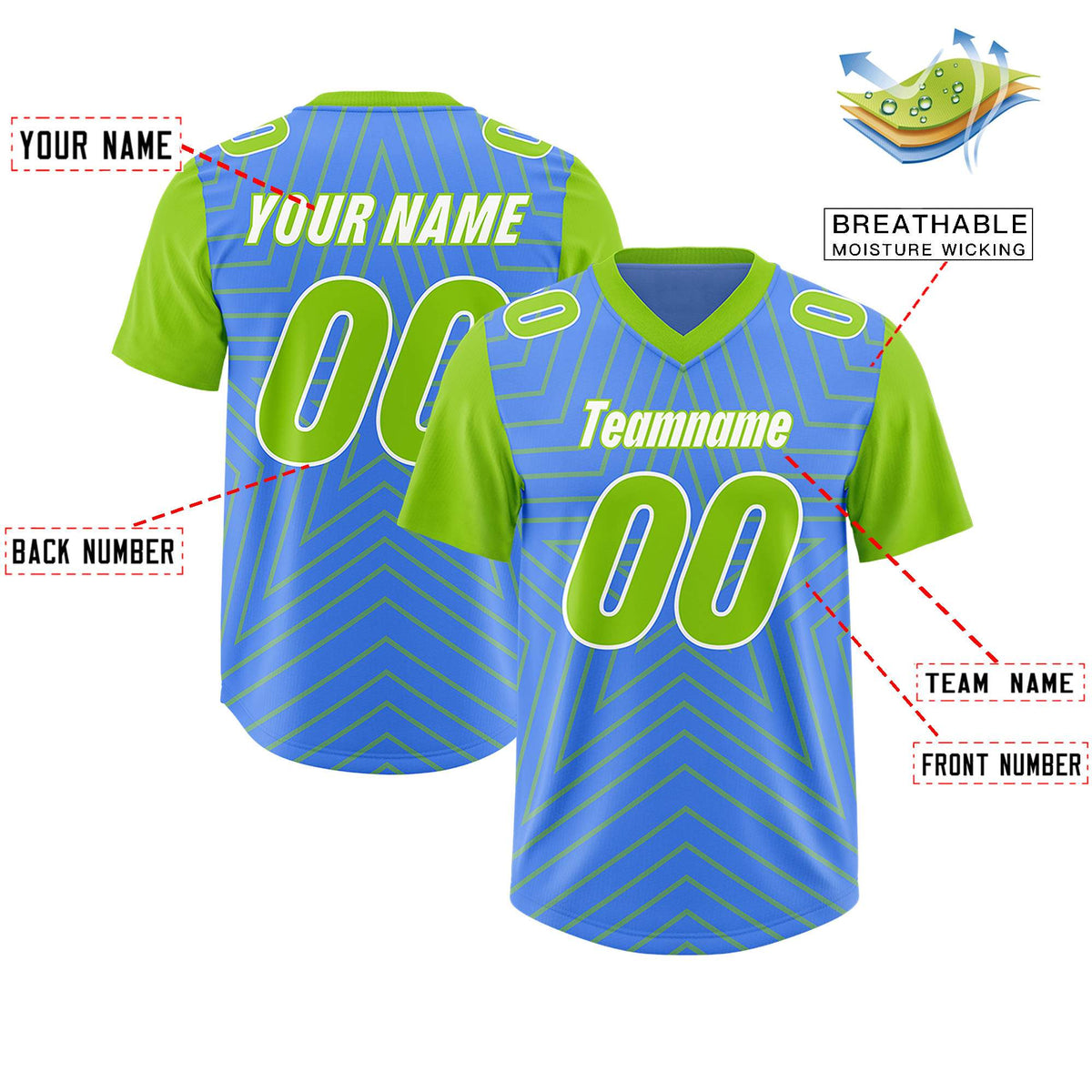 Custom Powder Blue Neon Green Personalized Star Pattern Raglan Sleeves Authentic American Football Jersey