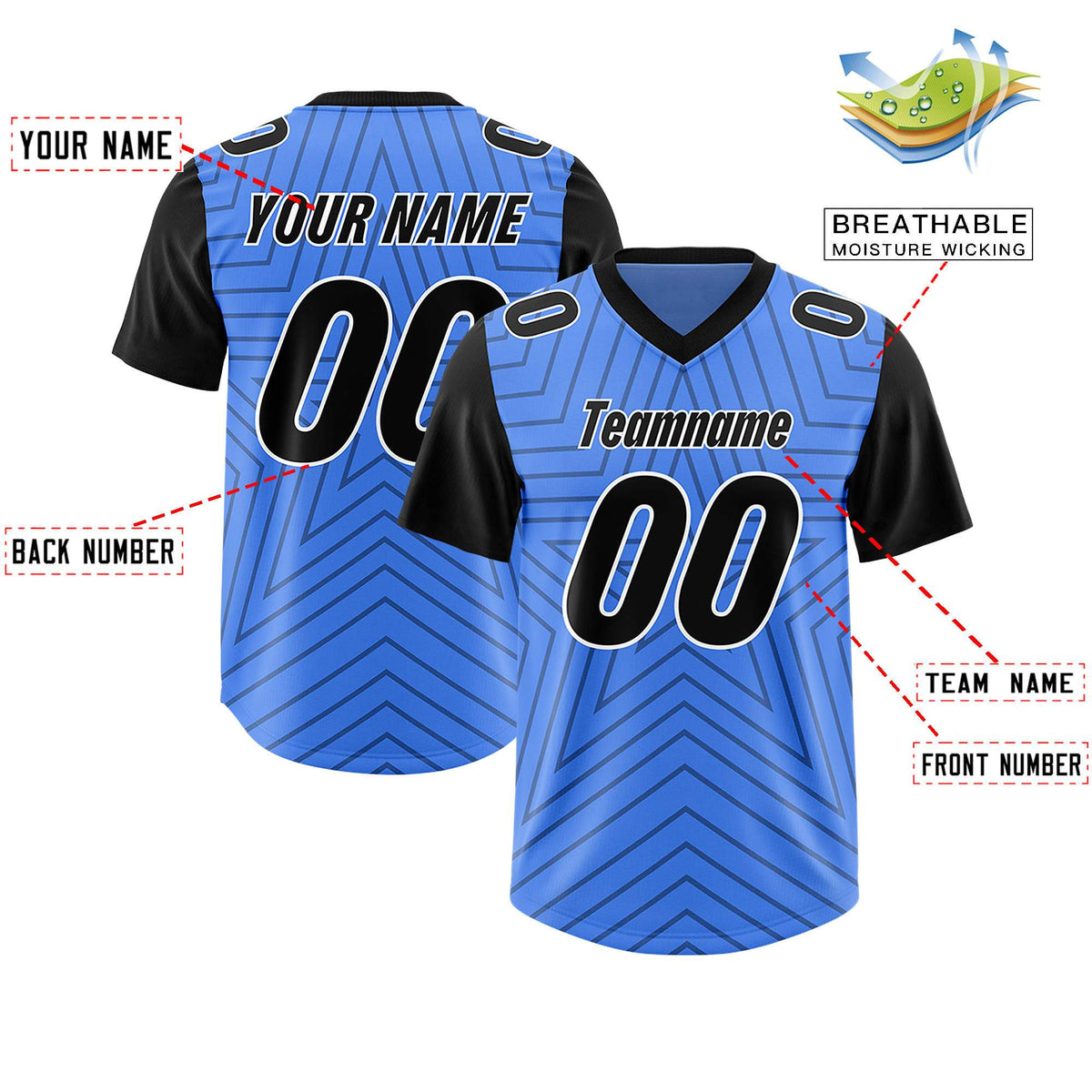Custom Powder Blue Black Personalized Star Pattern Raglan Sleeves Authentic American Football Jersey