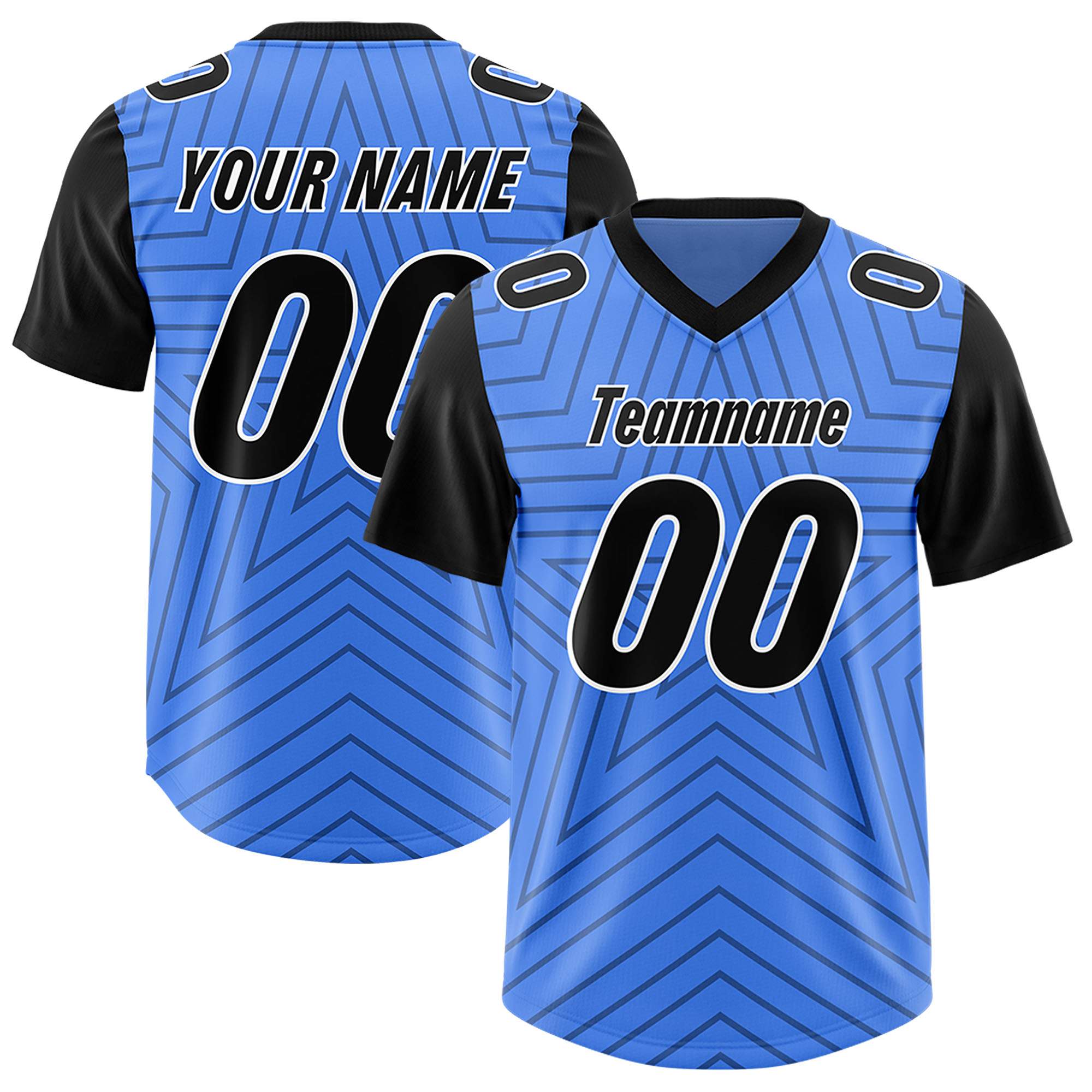 Custom Powder Blue Black Personalized Star Pattern Raglan Sleeves Authentic American Football Jersey