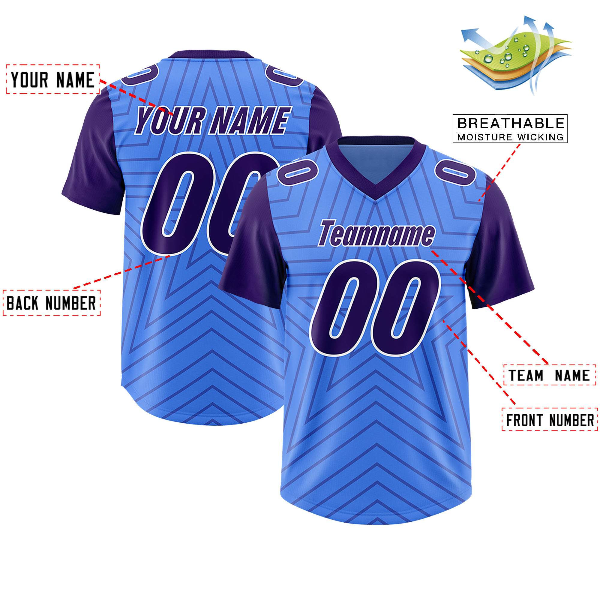 Custom Powder Blue Purple Personalized Star Pattern Raglan Sleeves Authentic American Football Jersey
