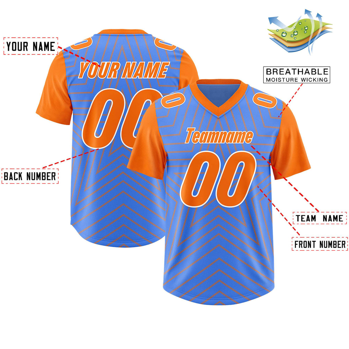 Custom Powder Blue Orange Personalized Star Pattern Raglan Sleeves Authentic American Football Jersey