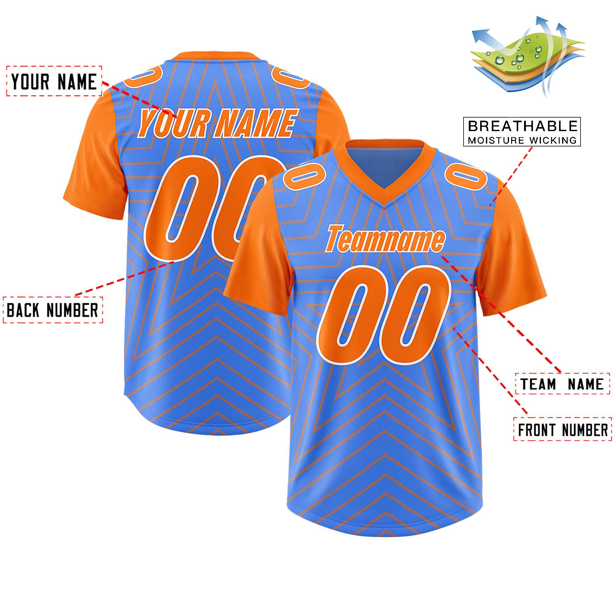 Custom Powder Blue Orange Personalized Star Pattern Raglan Sleeves Authentic American Football Jersey