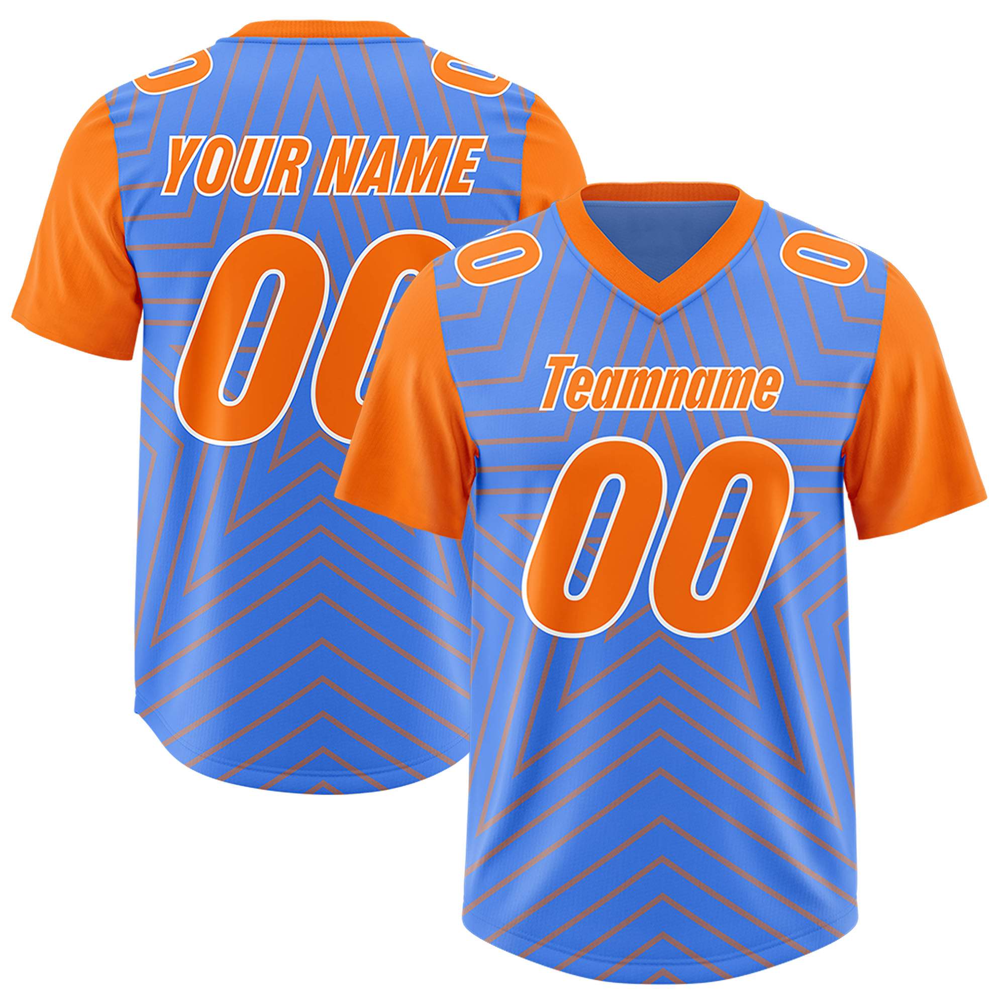 Custom Powder Blue Orange Personalized Star Pattern Raglan Sleeves Authentic American Football Jersey