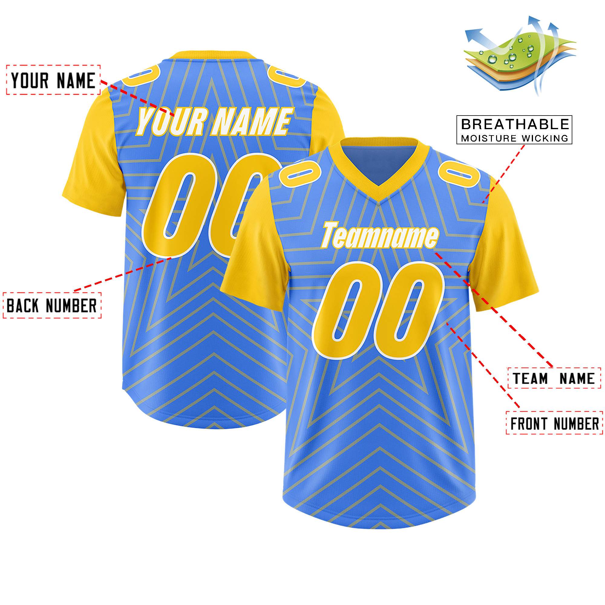 Custom Powder Blue Gold Personalized Star Pattern Raglan Sleeves Authentic American Football Jersey