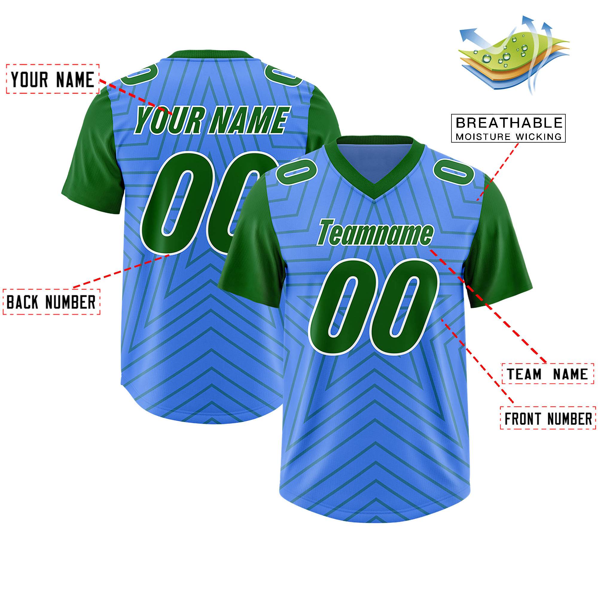 Custom Powder Blue Kelly Green Personalized Star Pattern Raglan Sleeves Authentic American Football Jersey