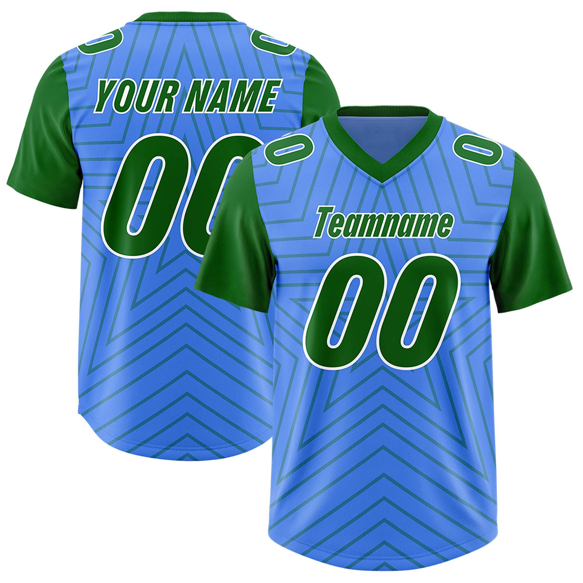 Custom Powder Blue Kelly Green Personalized Star Pattern Raglan Sleeves Authentic American Football Jersey