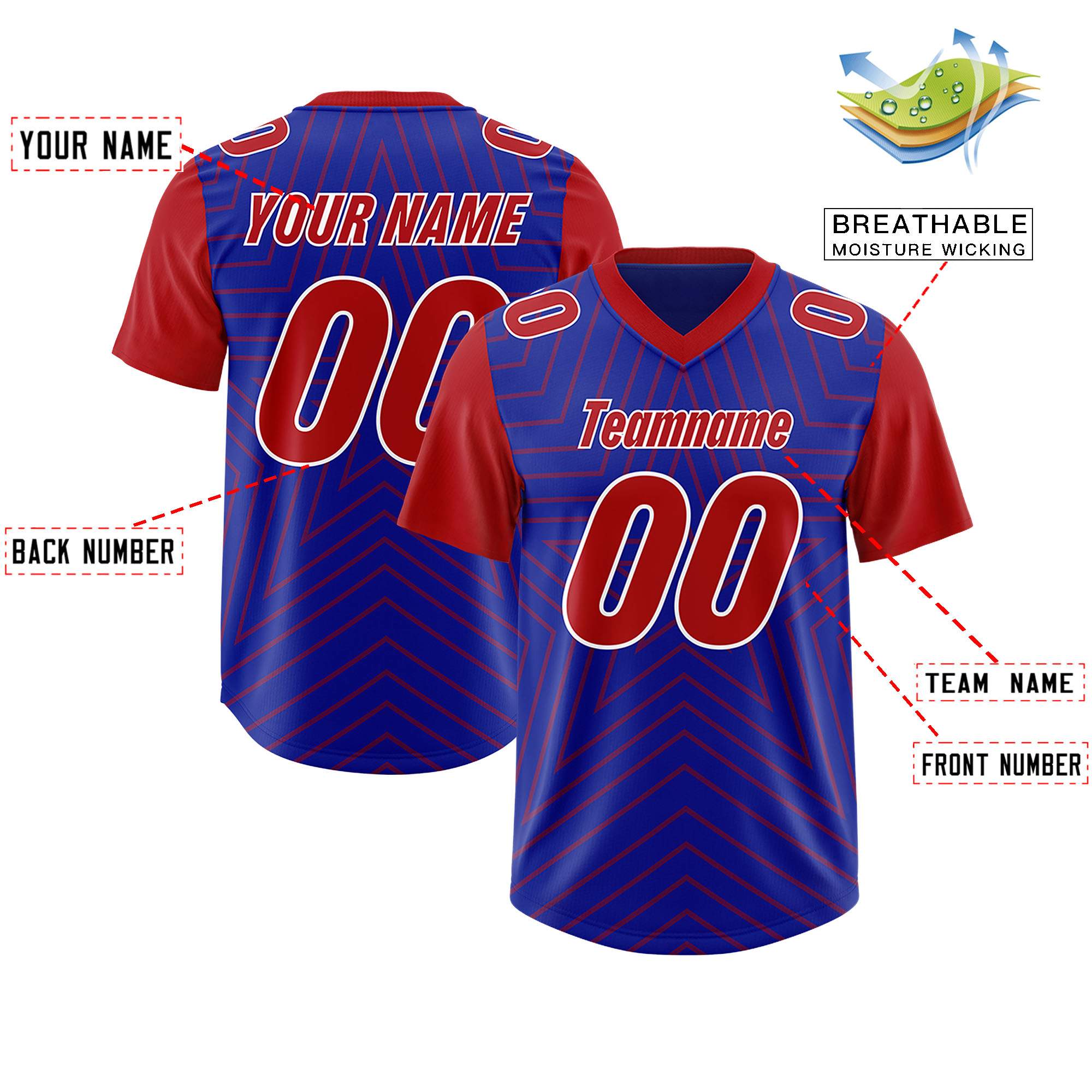 Custom Royal Red Personalized Star Pattern Raglan Sleeves Authentic American Football Jersey